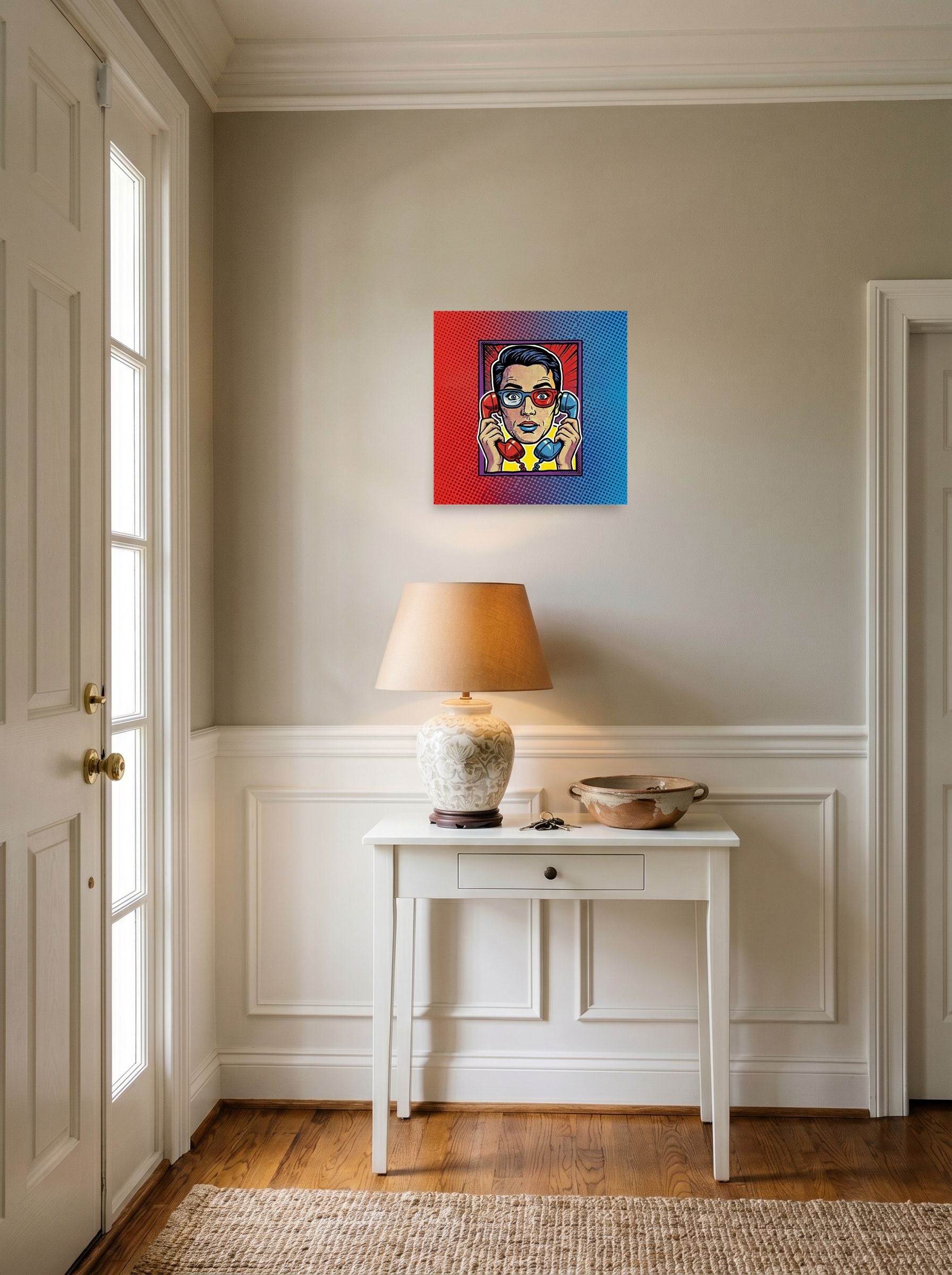 A 12x12 inch unframed paper Pop art print of 'Bipartisan Static' hanging in an entryway near a console.