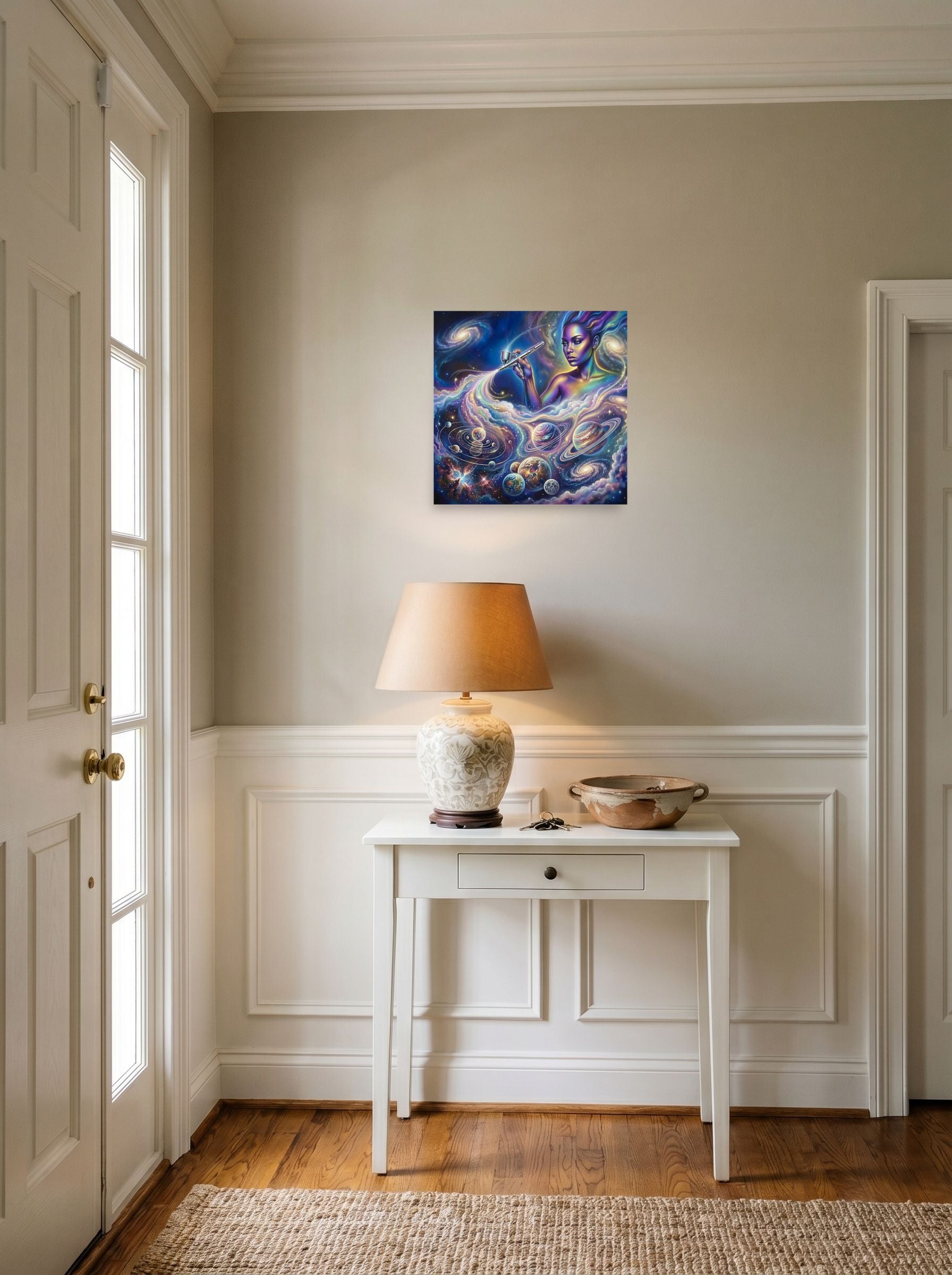 A 12x12 inch unframed paper Space art print of 'The Cosmic Painter' hanging in an entryway near a console.