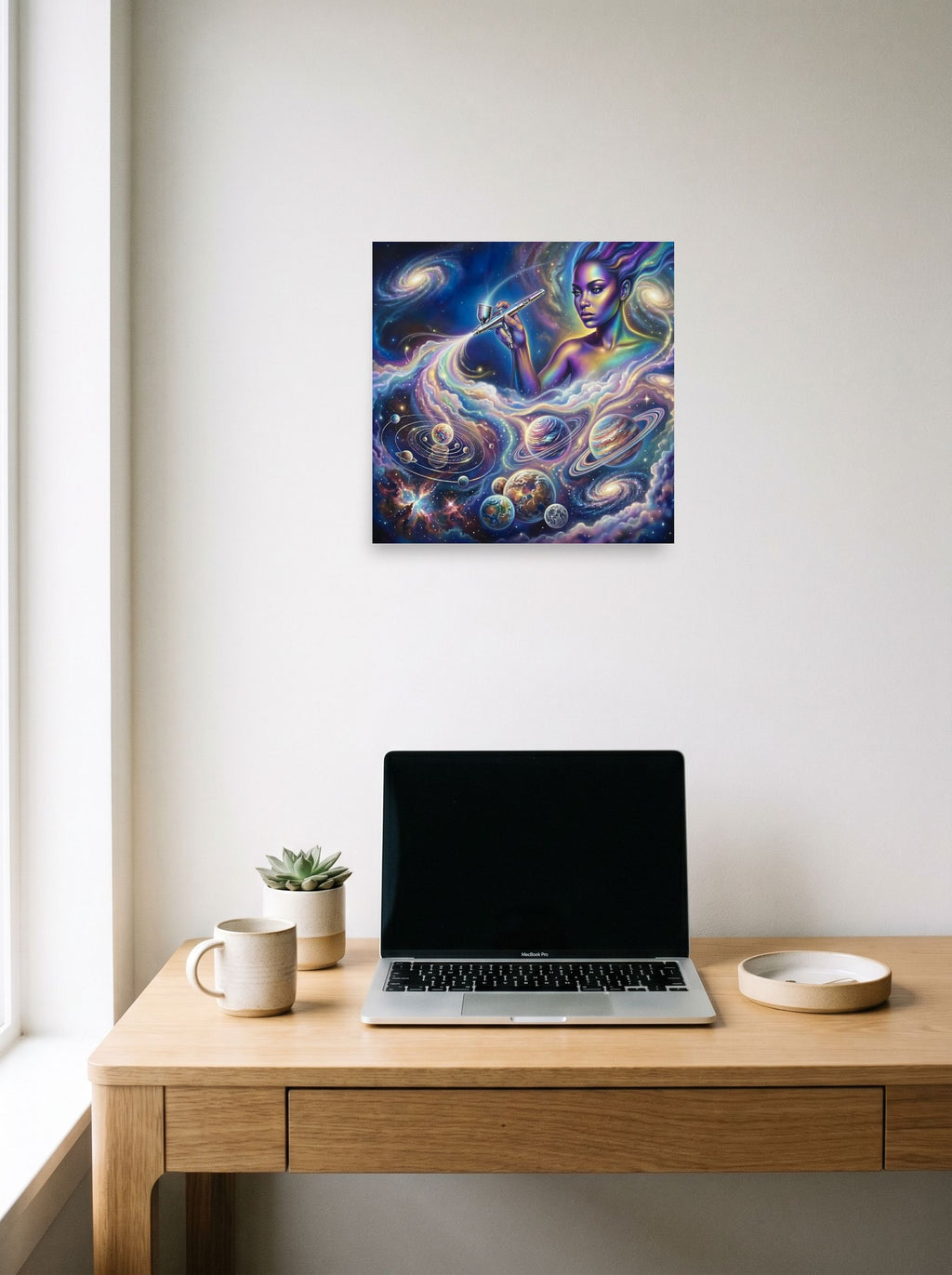 A 12x12 inch unframed paper Space art print of 'The Cosmic Painter' hanging above a worktable with a laptop.