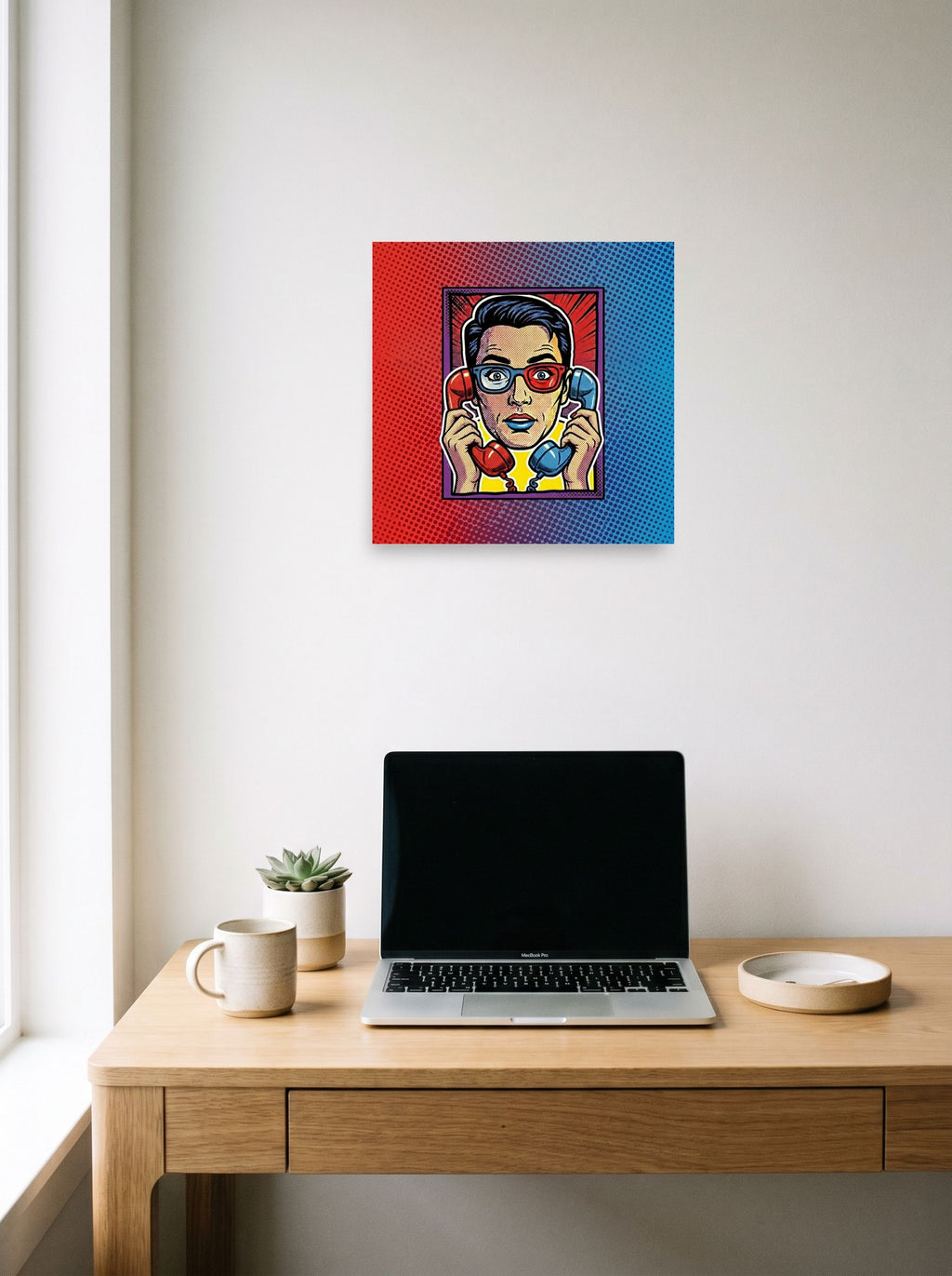 A 12x12 inch unframed paper Pop art print of 'Bipartisan Static' hanging above a worktable with a laptop.