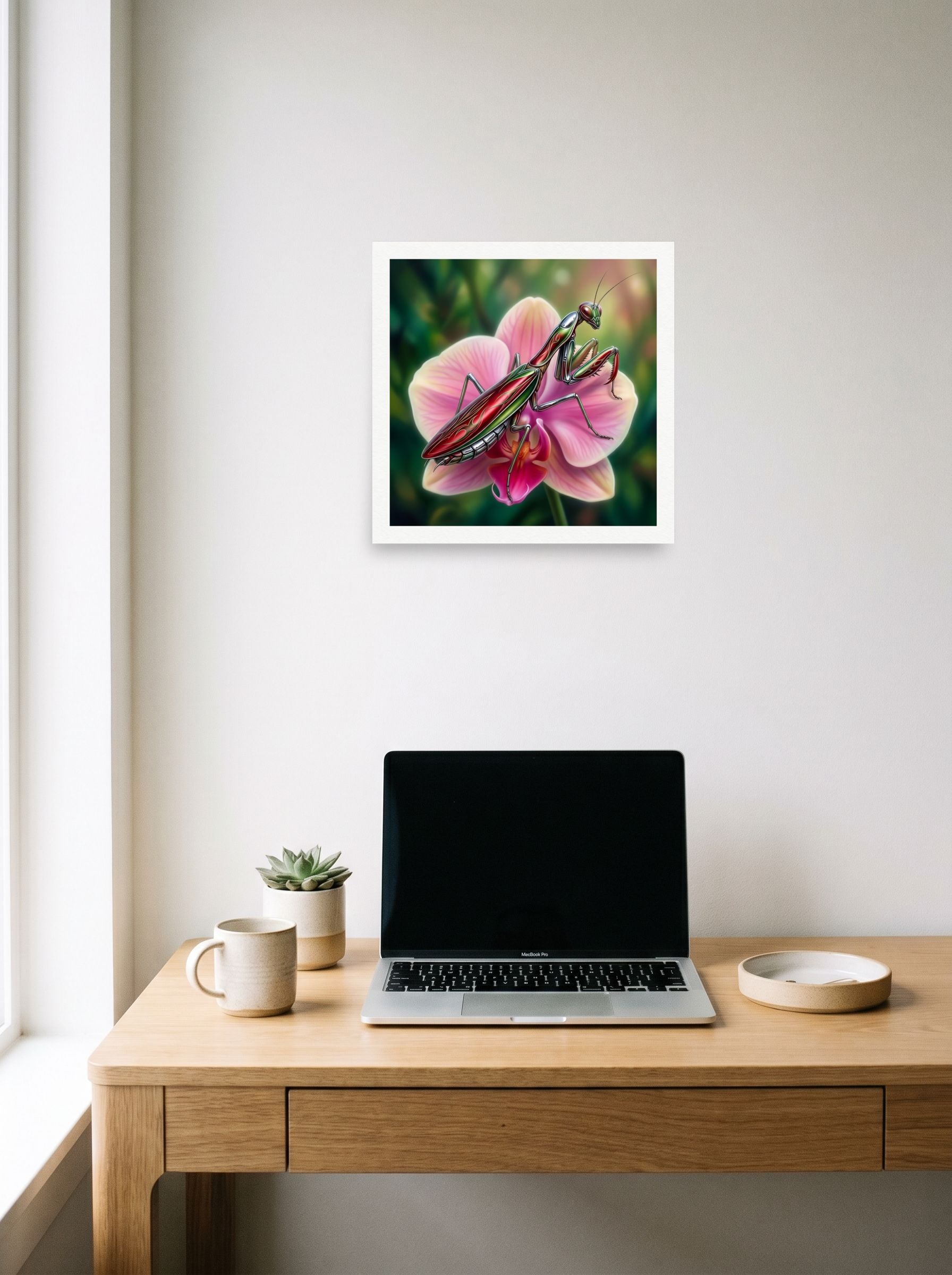 A 12x12 inch unframed paper Surrealism print of 'Chrome Mantis' hanging above a worktable with a laptop.