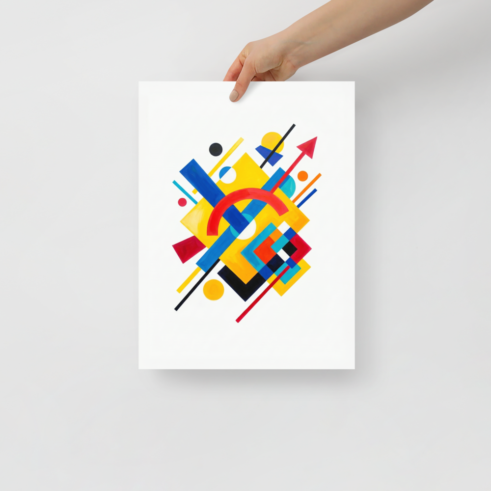 'Directional Energy' — a Suprematism print. A vivid abstract painting featuring overlapping geometric shapes like rectangles, circles, and an arrow in primary colors, a bold addition to a Living Room.