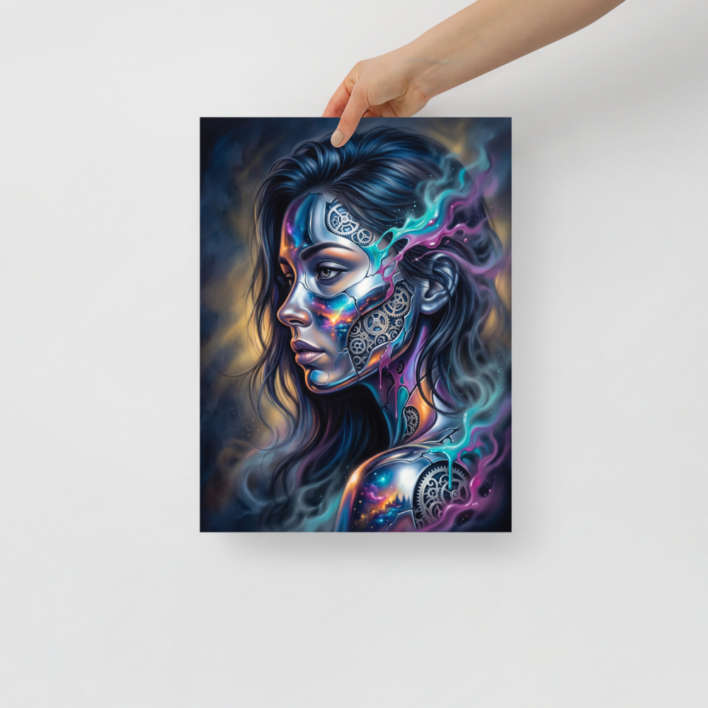 'Cosmic Clockwork' — a Surrealism print. A surreal cyberpunk portrait of a woman with gears and galaxies inside her face for a game room, framed by glowing teal and pink smoke.