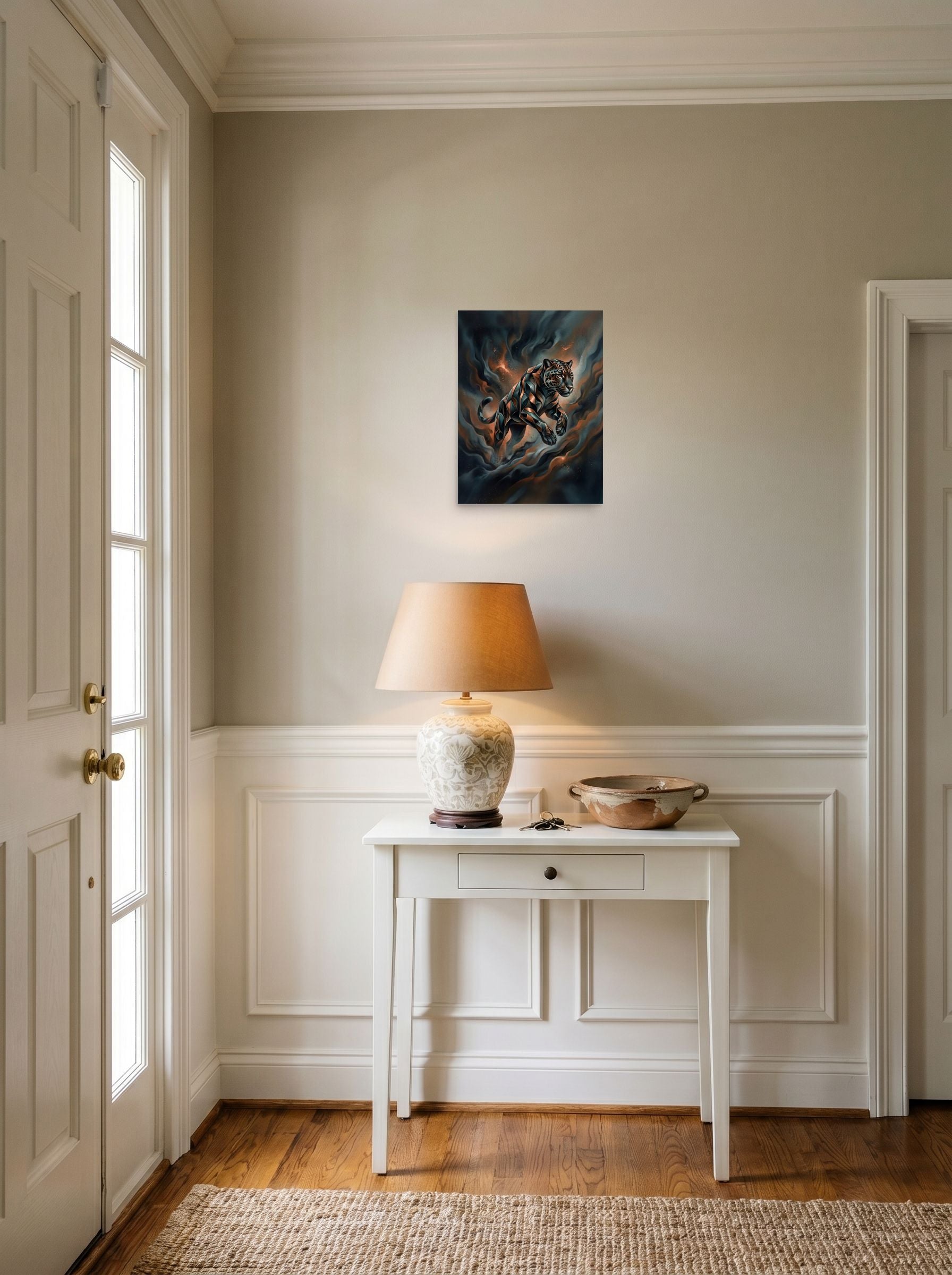 A 12x16 inch unframed paper Digital art print of 'Phantom Leap' hanging in an entryway near a console.