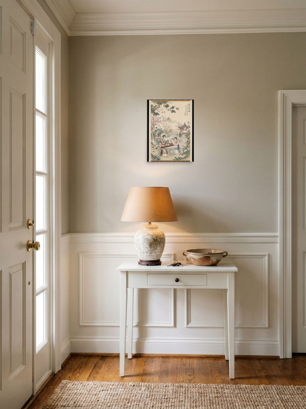 A 12x16 inch unframed paper Fine Art print of 'Melody in the Spring Garden' hanging in an entryway near a console.
