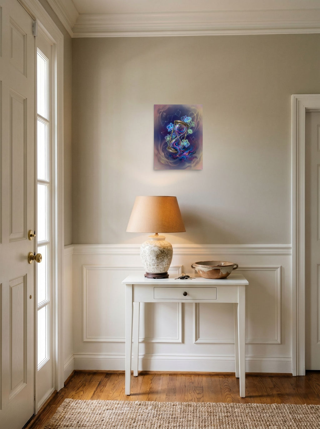 A 12x16 inch unframed paper Magic realism print of 'Sands of the Nebula' hanging in an entryway near a console.