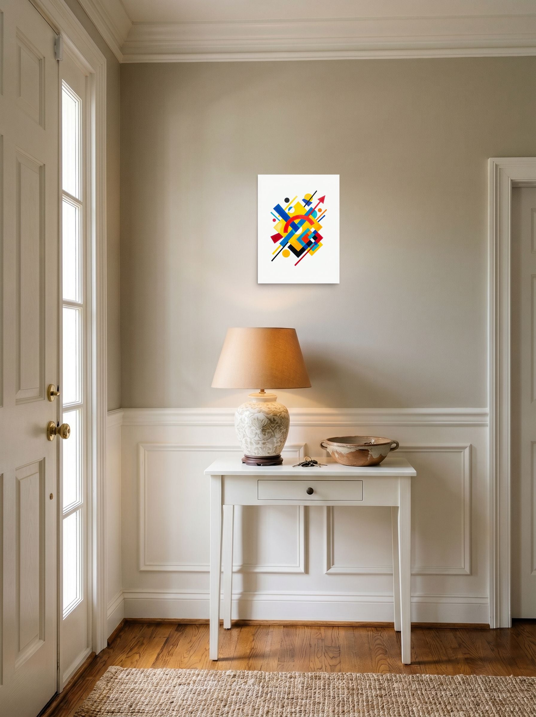 A 12x16 inch unframed paper Suprematism print of 'Directional Energy' hanging in an entryway near a console.