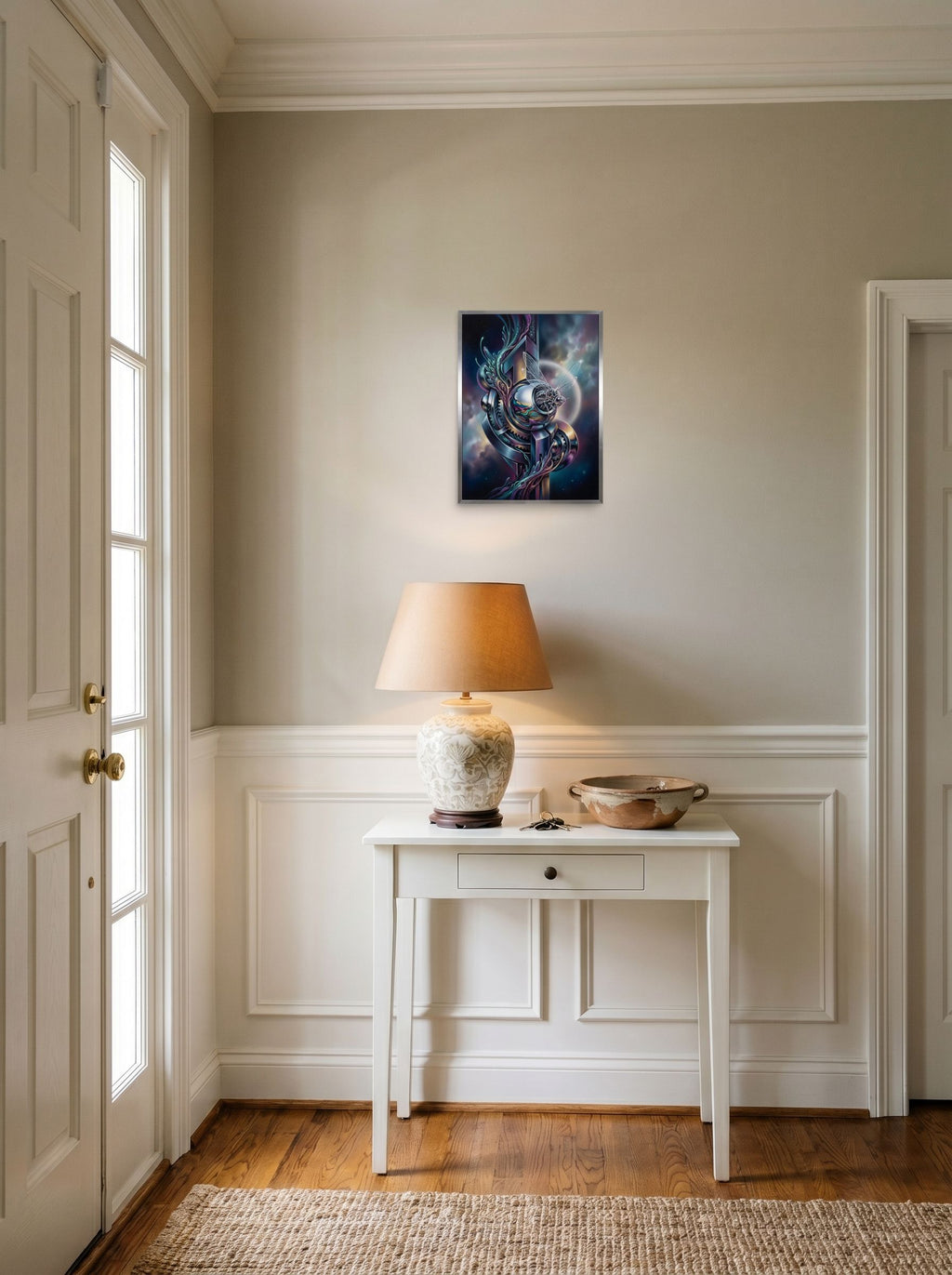 A 12x16 inch unframed paper Surrealism print of 'The Clockwork Aviator' hanging in an entryway near a console.