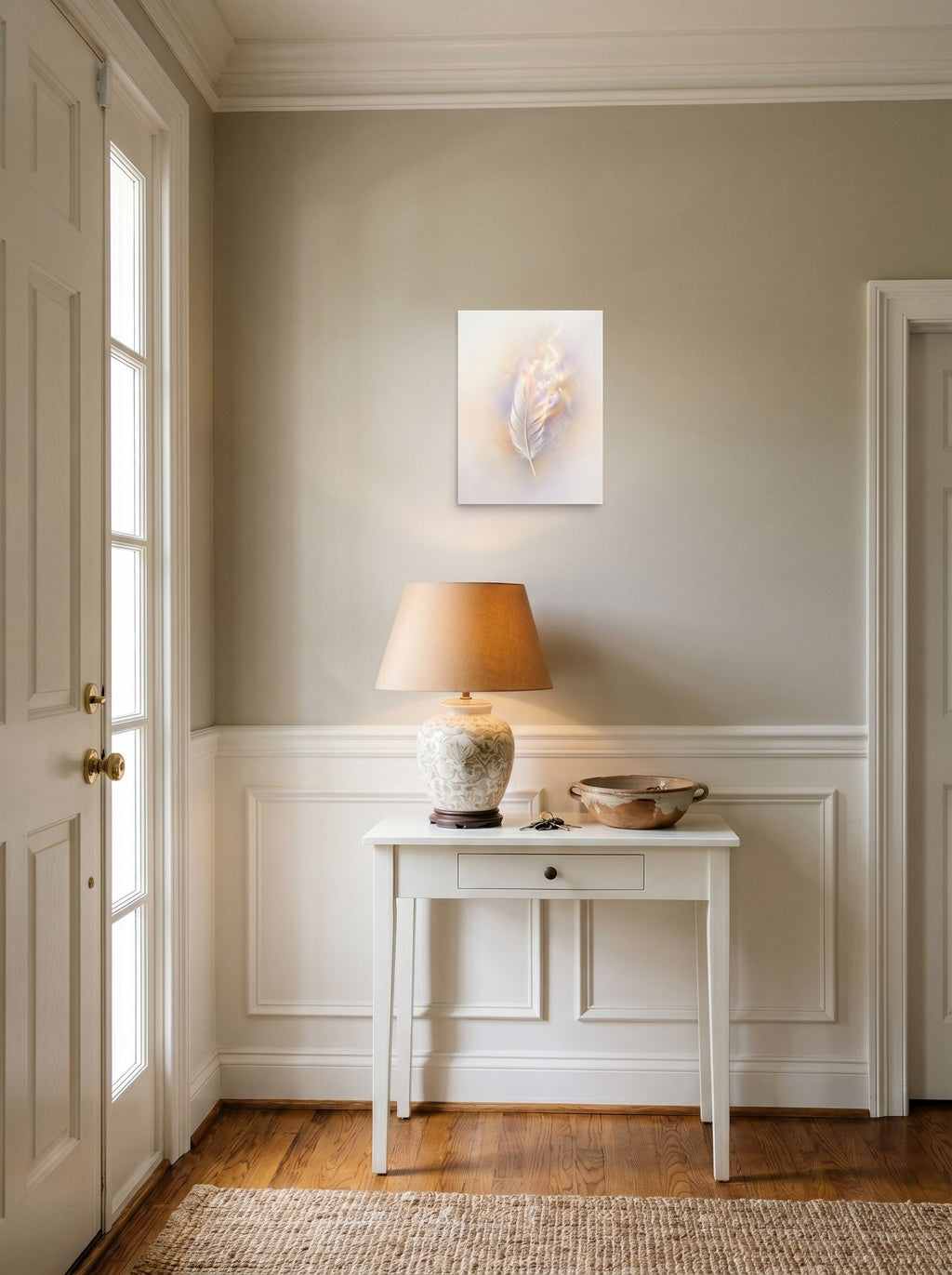 A 12x16 inch unframed paper Abstract art print of 'Ethereal Plume' hanging in an entryway near a console.