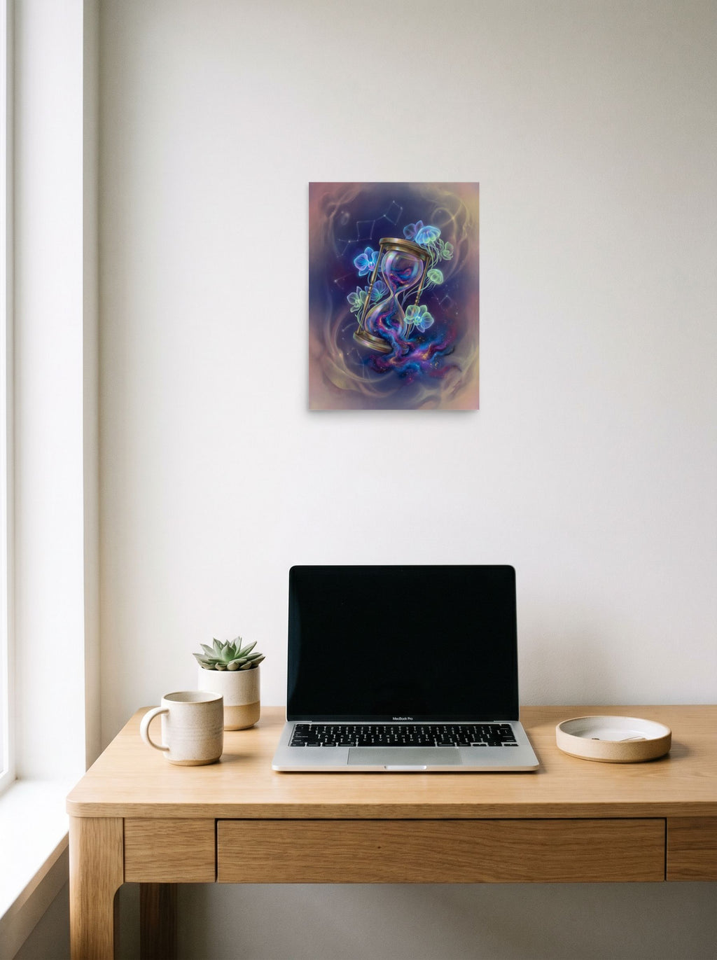 A 12x16 inch unframed paper Magic realism print of 'Sands of the Nebula' hanging above a worktable with a laptop.