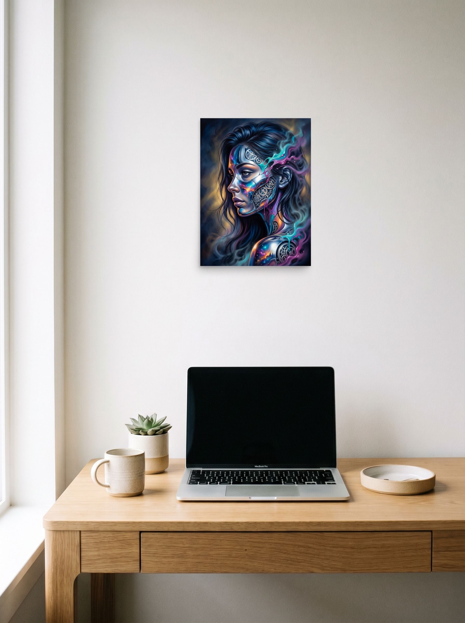 A 12x16 inch unframed paper Surrealism print of 'Cosmic Clockwork' hanging above a worktable with a laptop.