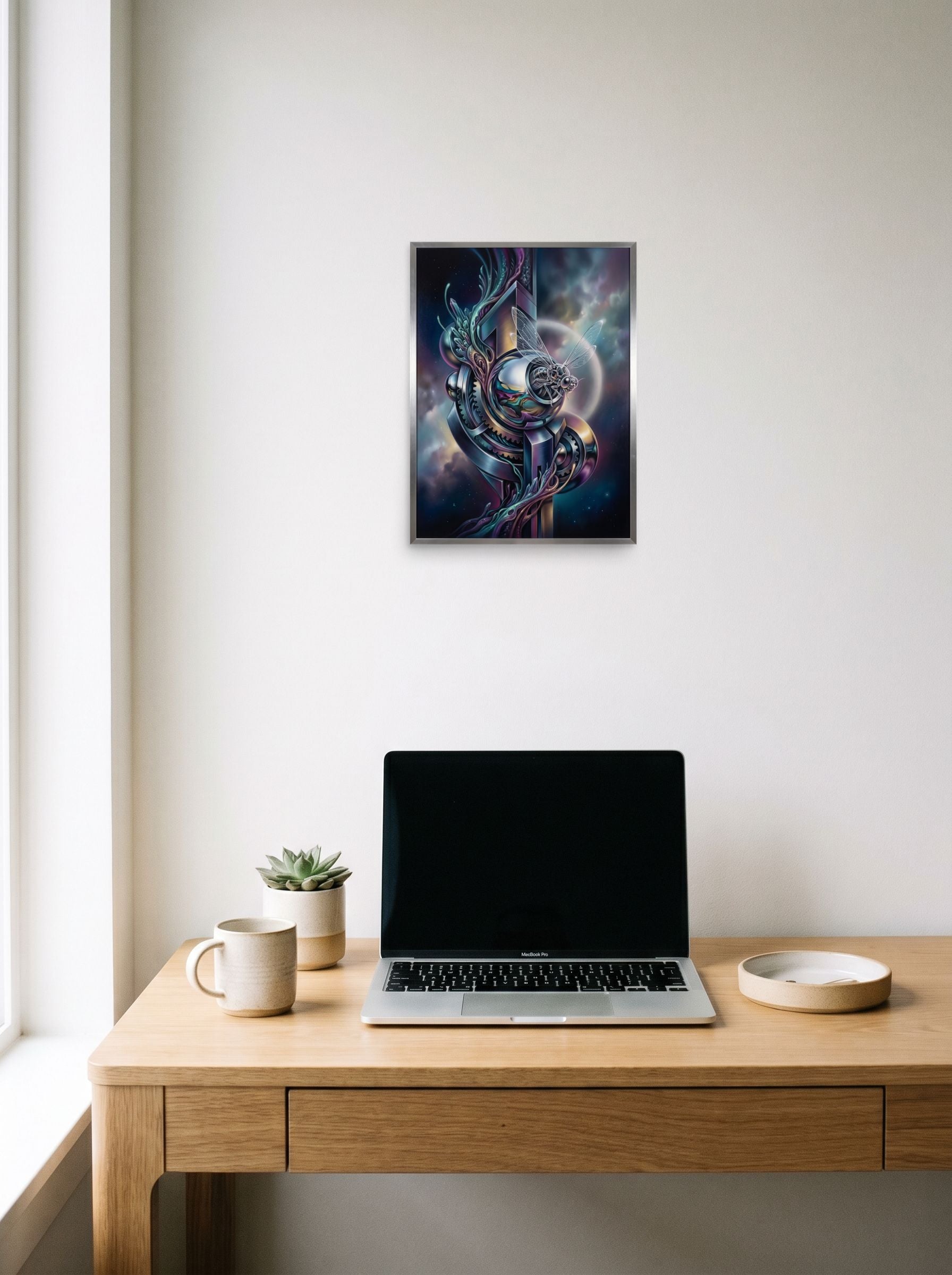 A 12x16 inch unframed paper Surrealism print of 'The Clockwork Aviator' hanging above a worktable with a laptop.