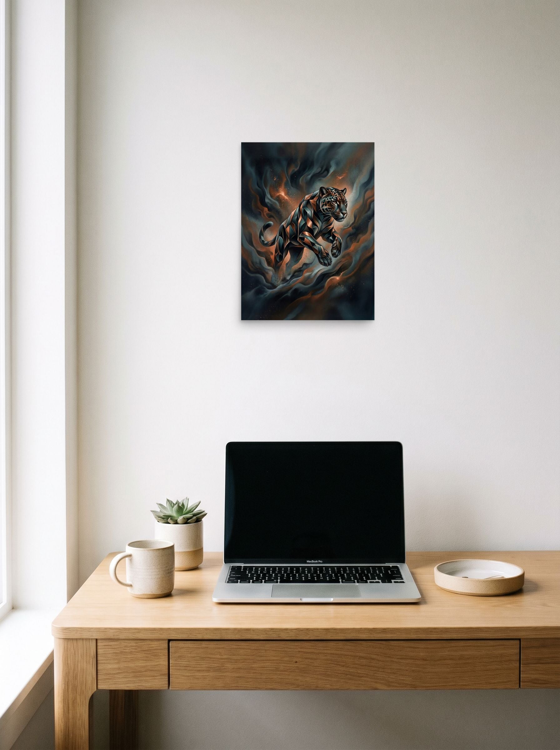 A 12x16 inch unframed paper Digital art print of 'Phantom Leap' hanging above a worktable with a laptop.