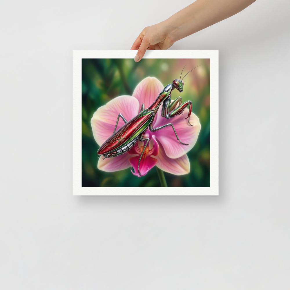 'Chrome Mantis' — a Surrealism print. A vibrant illustration of a metallic praying mantis painted like a hot rod in cherry red and chrome sitting on a pink orchid, perfect for a studio.