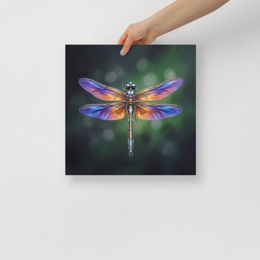 'Gears of the Dragonfly' — a Surrealism print. A highly detailed mechanical dragonfly with glowing purple and orange wings and brass gears on its back, set against a dark green background, perfect for a Living Room.