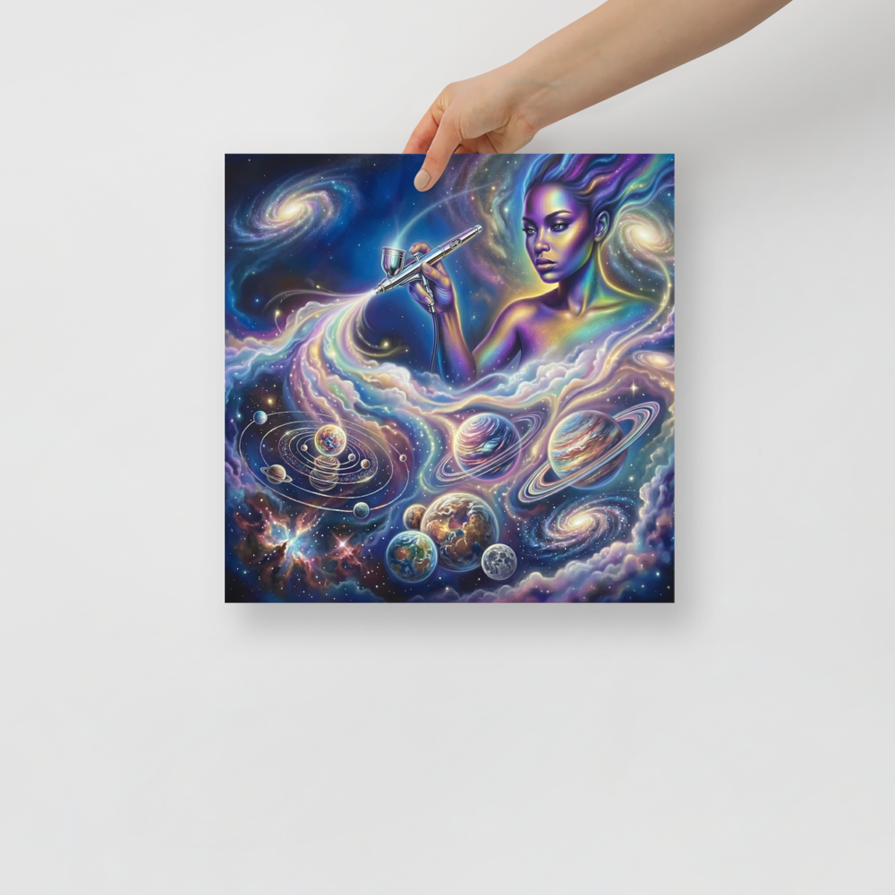 'The Cosmic Painter' — a Space art print. A glowing, ethereal woman painting planets and galaxies into a vibrant cosmic sky using an airbrush, a stunning focal point for a Bedroom.