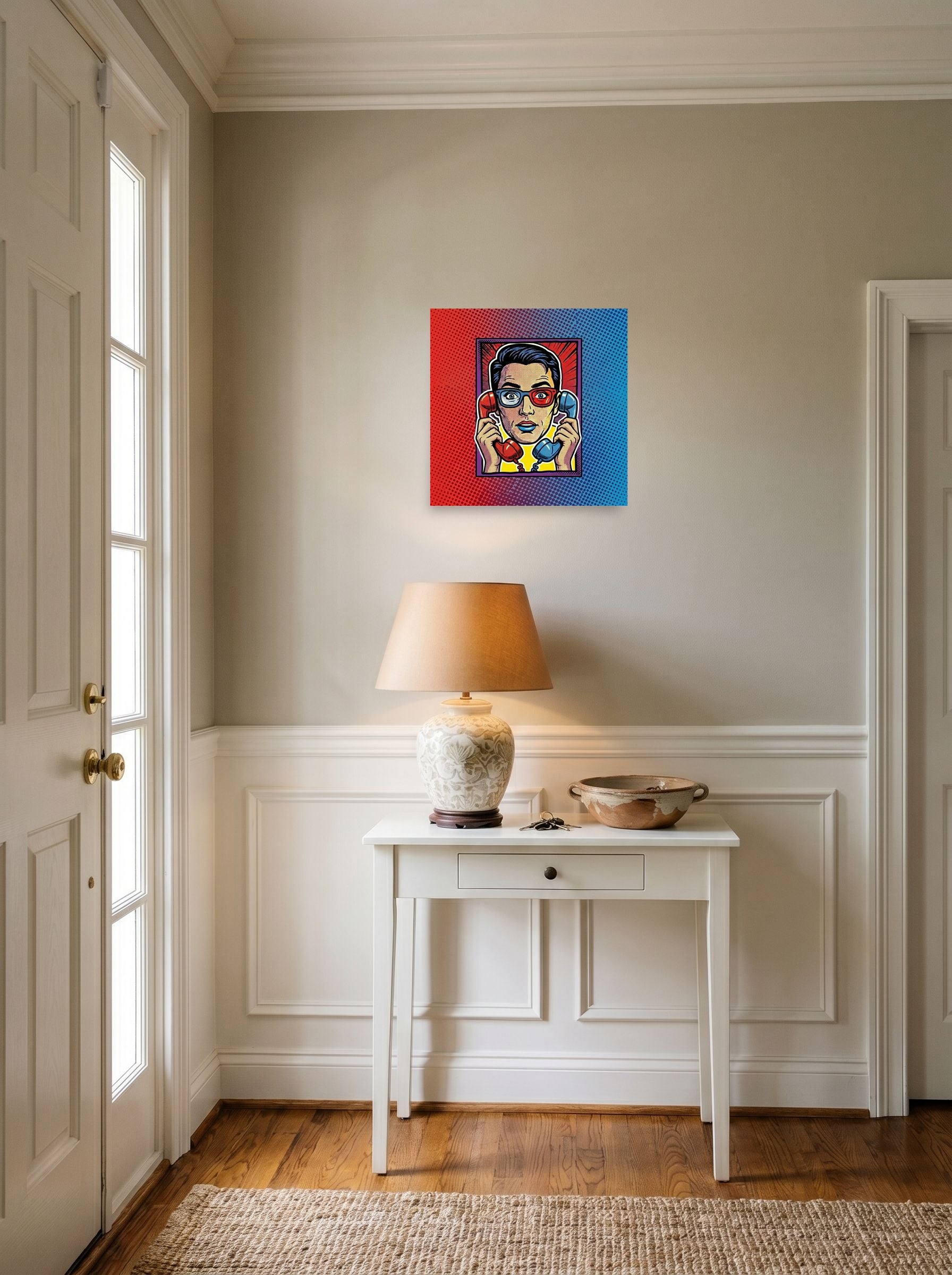 A 14x14 inch unframed paper Pop art print of 'Bipartisan Static' hanging in an entryway near a console.