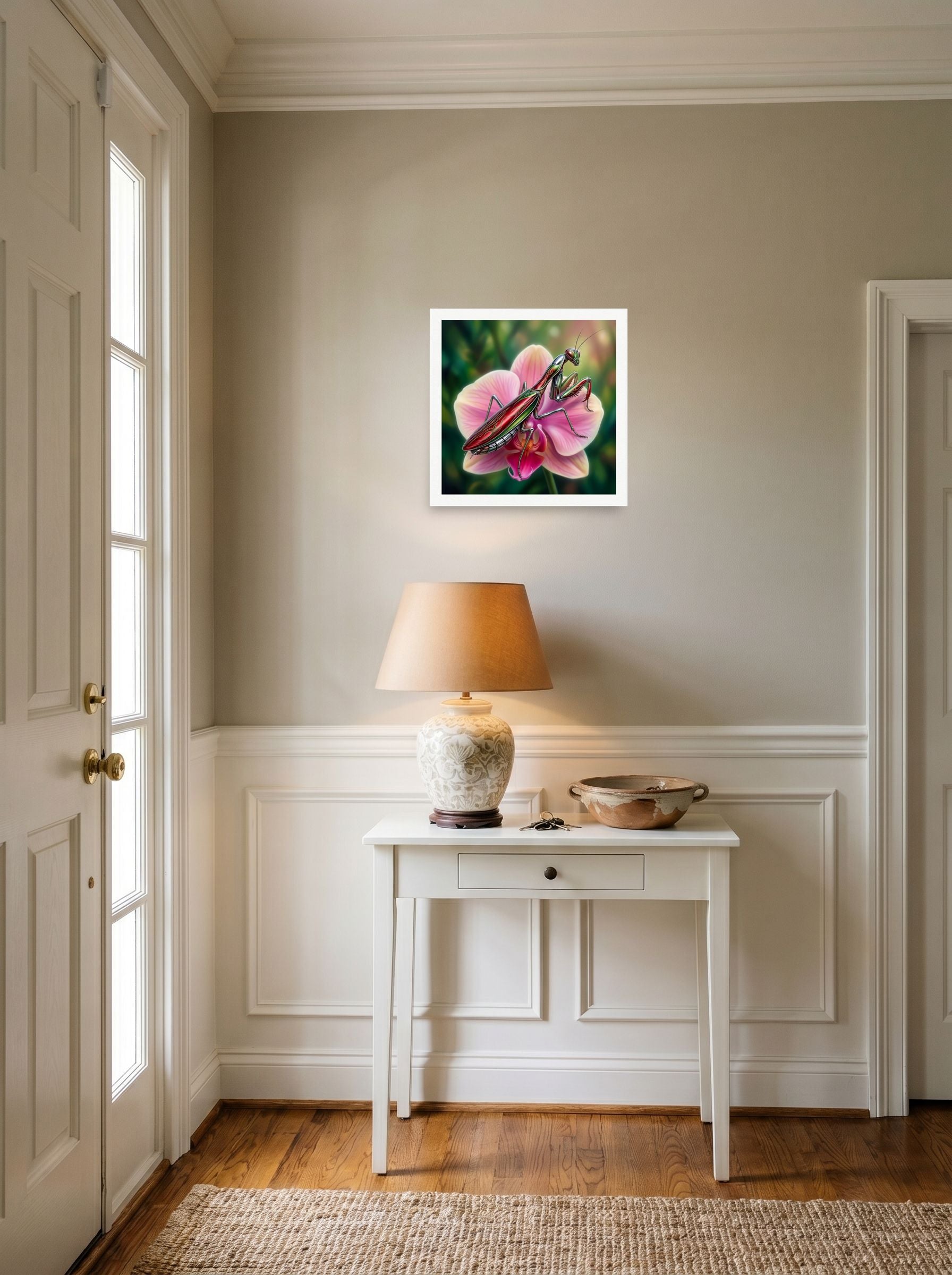 A 14x14 inch unframed paper Surrealism print of 'Chrome Mantis' hanging in an entryway near a console.