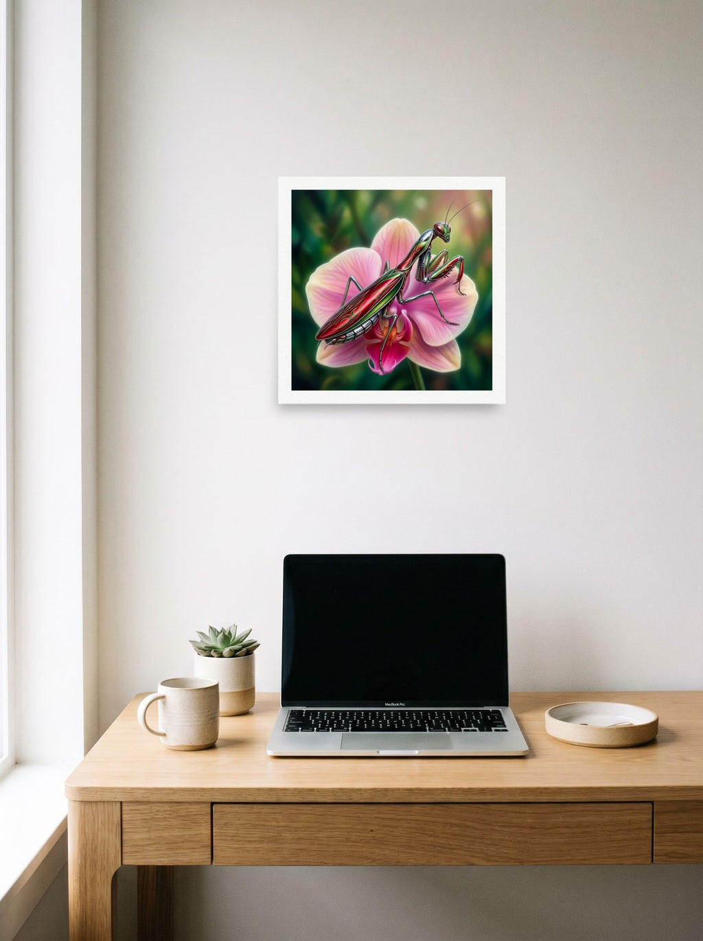 A 14x14 inch unframed paper Surrealism print of 'Chrome Mantis' hanging above a worktable with a laptop.