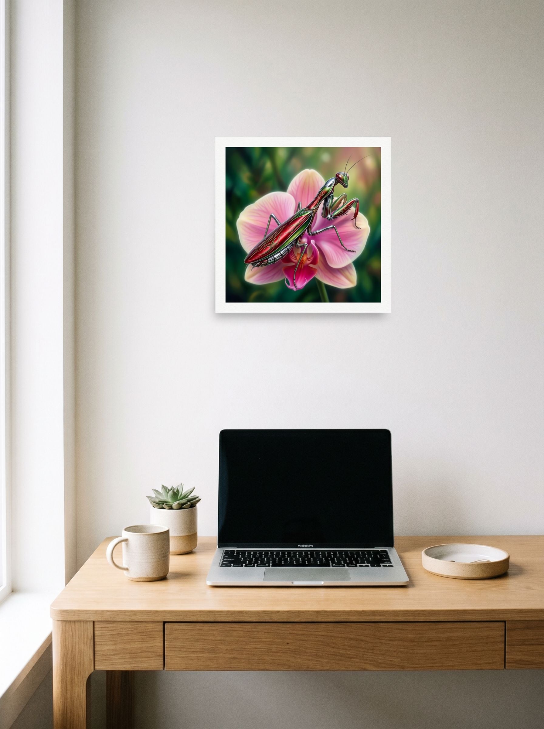 A 14x14 inch unframed paper Surrealism print of 'Chrome Mantis' hanging above a worktable with a laptop.