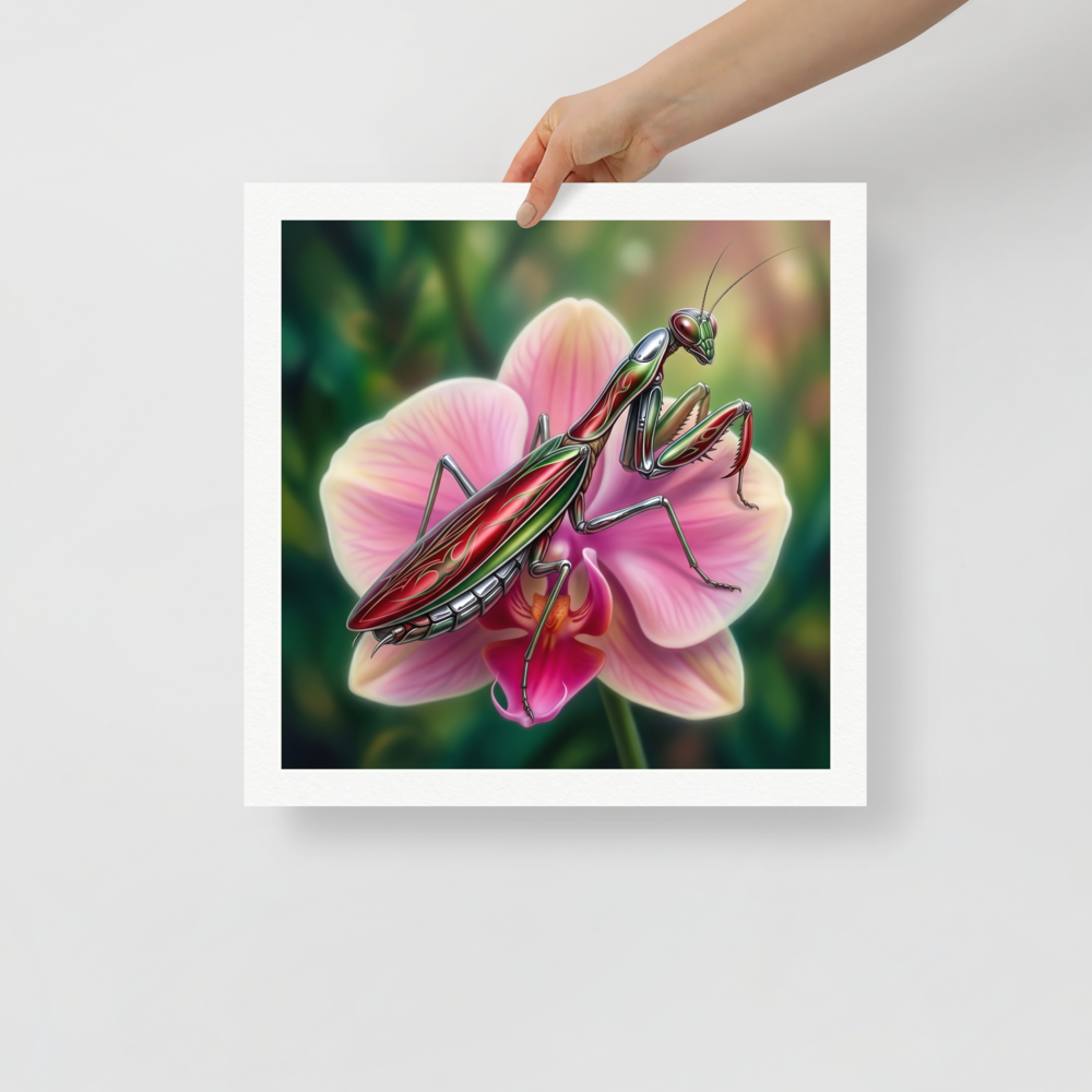 'Chrome Mantis' — a Surrealism print. A vibrant illustration of a metallic praying mantis painted like a hot rod in cherry red and chrome sitting on a pink orchid, perfect for a studio.