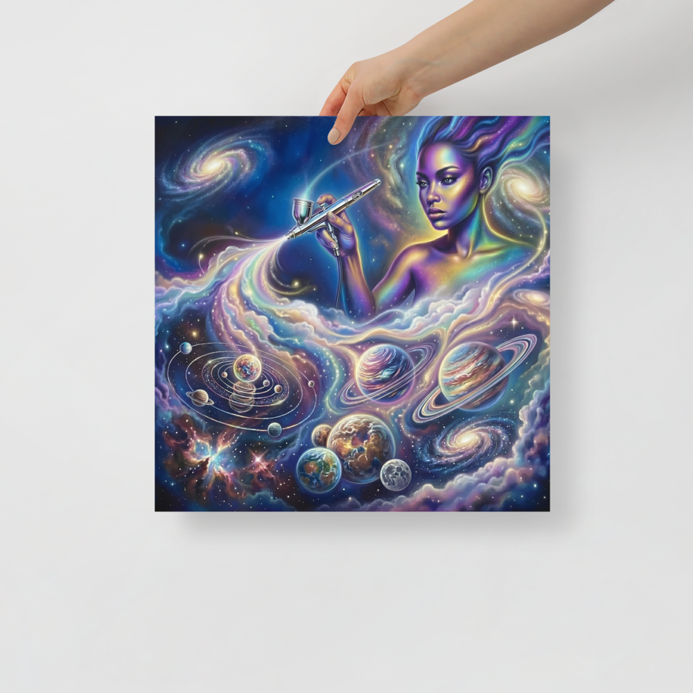 'The Cosmic Painter' — a Space art print. A glowing, ethereal woman painting planets and galaxies into a vibrant cosmic sky using an airbrush, a stunning focal point for a Bedroom.