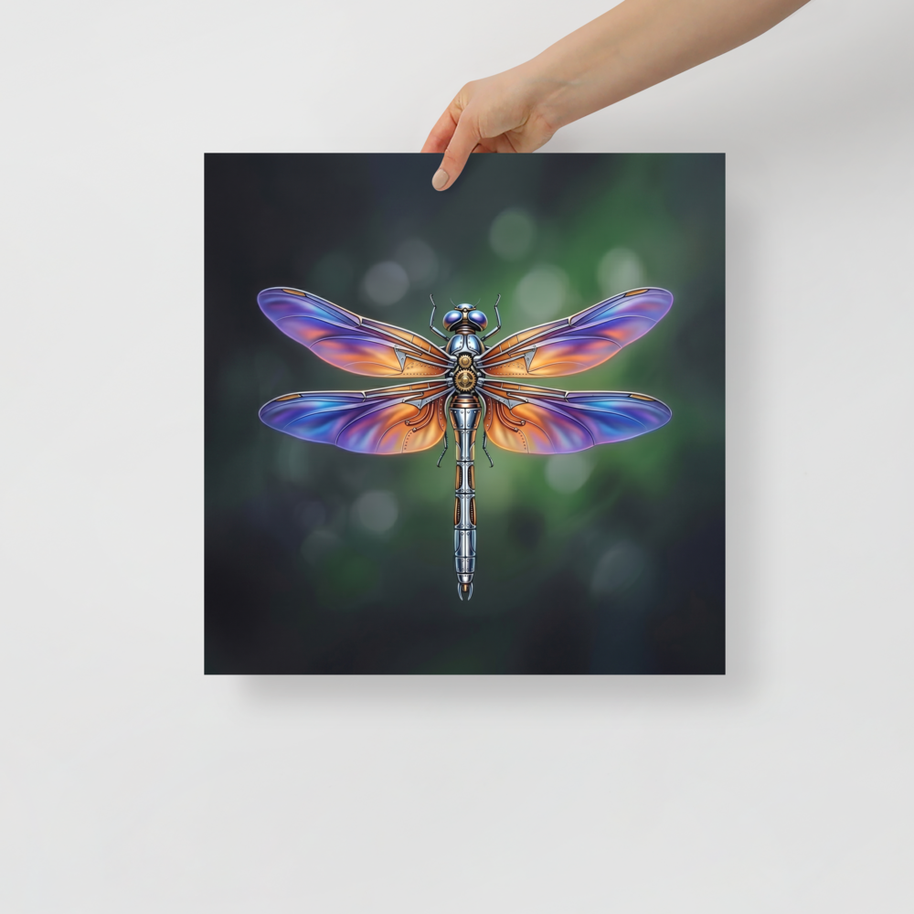 'Gears of the Dragonfly' — a Surrealism print. A highly detailed mechanical dragonfly with glowing purple and orange wings and brass gears on its back, set against a dark green background, perfect for a Living Room.