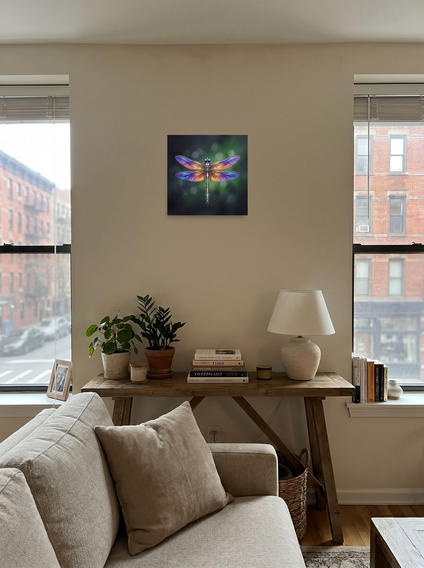 A 16x16 inch unframed paper Surrealism print of 'Gears of the Dragonfly' displayed in the center of a living room.