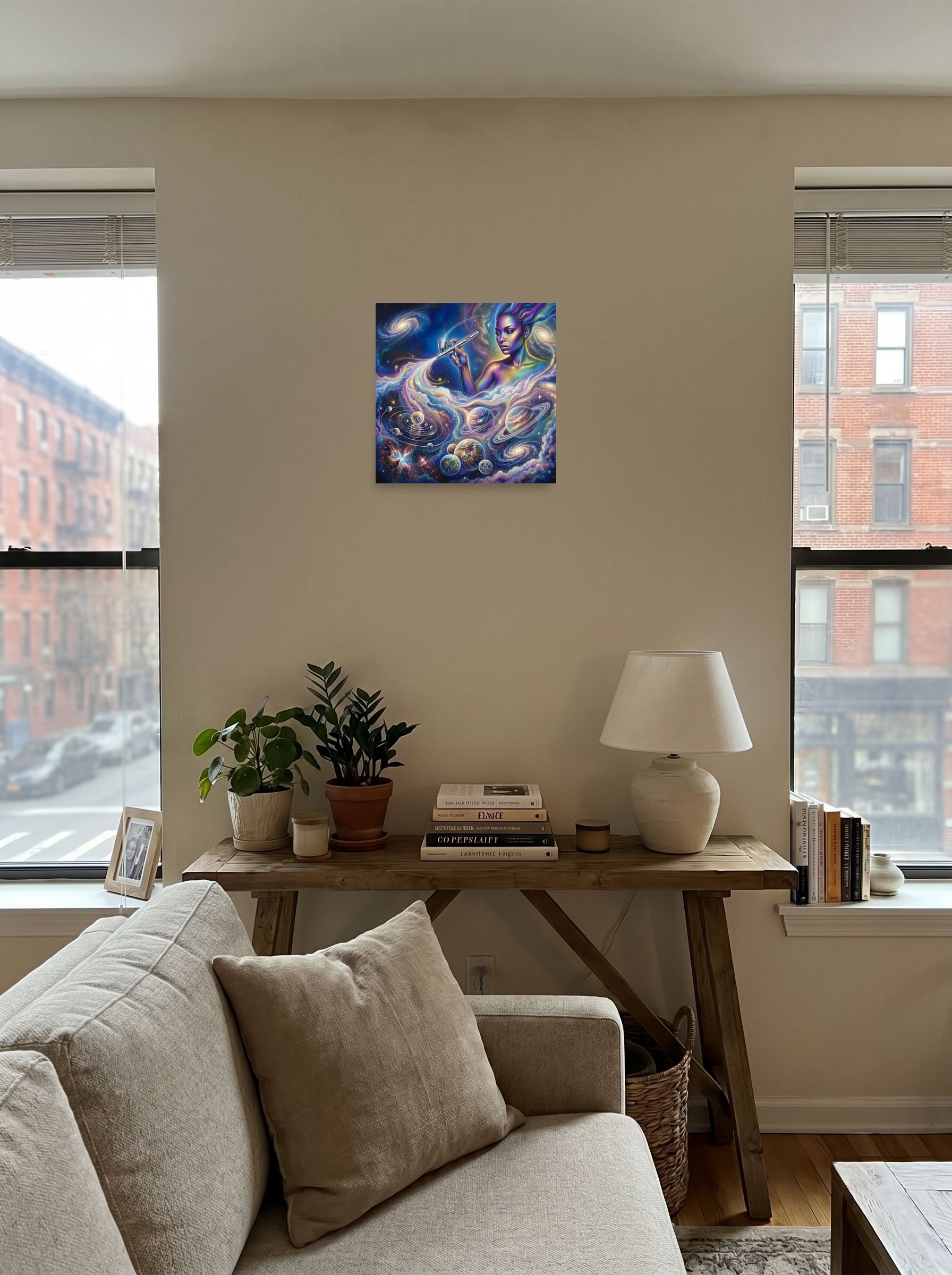 A 16x16 inch unframed paper Space art print of 'The Cosmic Painter' displayed in the center of a living room.