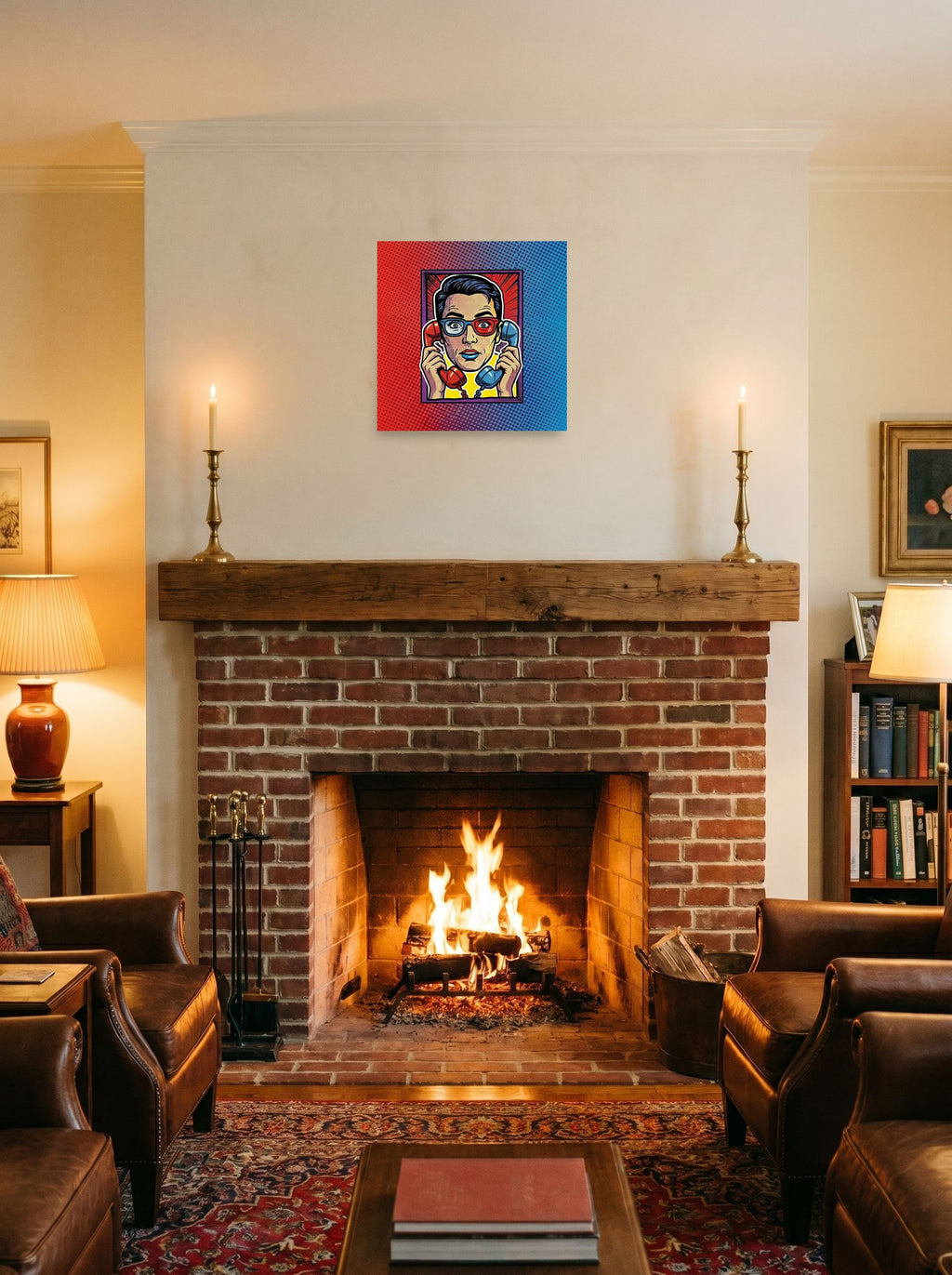 A 16x16 inch unframed paper Pop art print of 'Bipartisan Static' displayed above a fireplace.