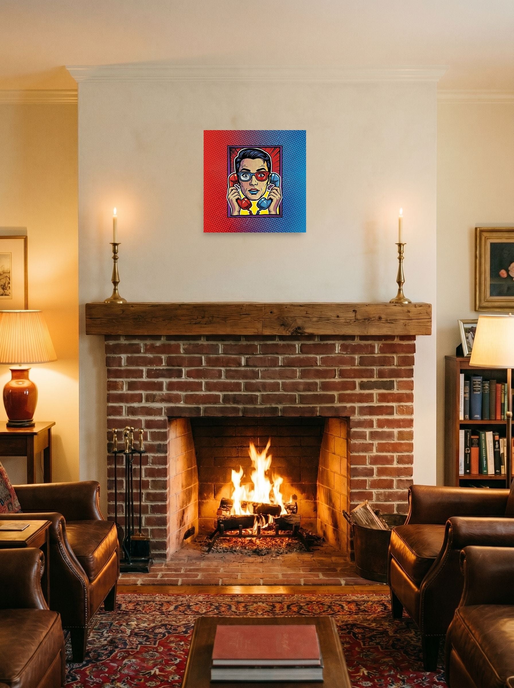 A 16x16 inch unframed paper Pop art print of 'Bipartisan Static' displayed above a fireplace.
