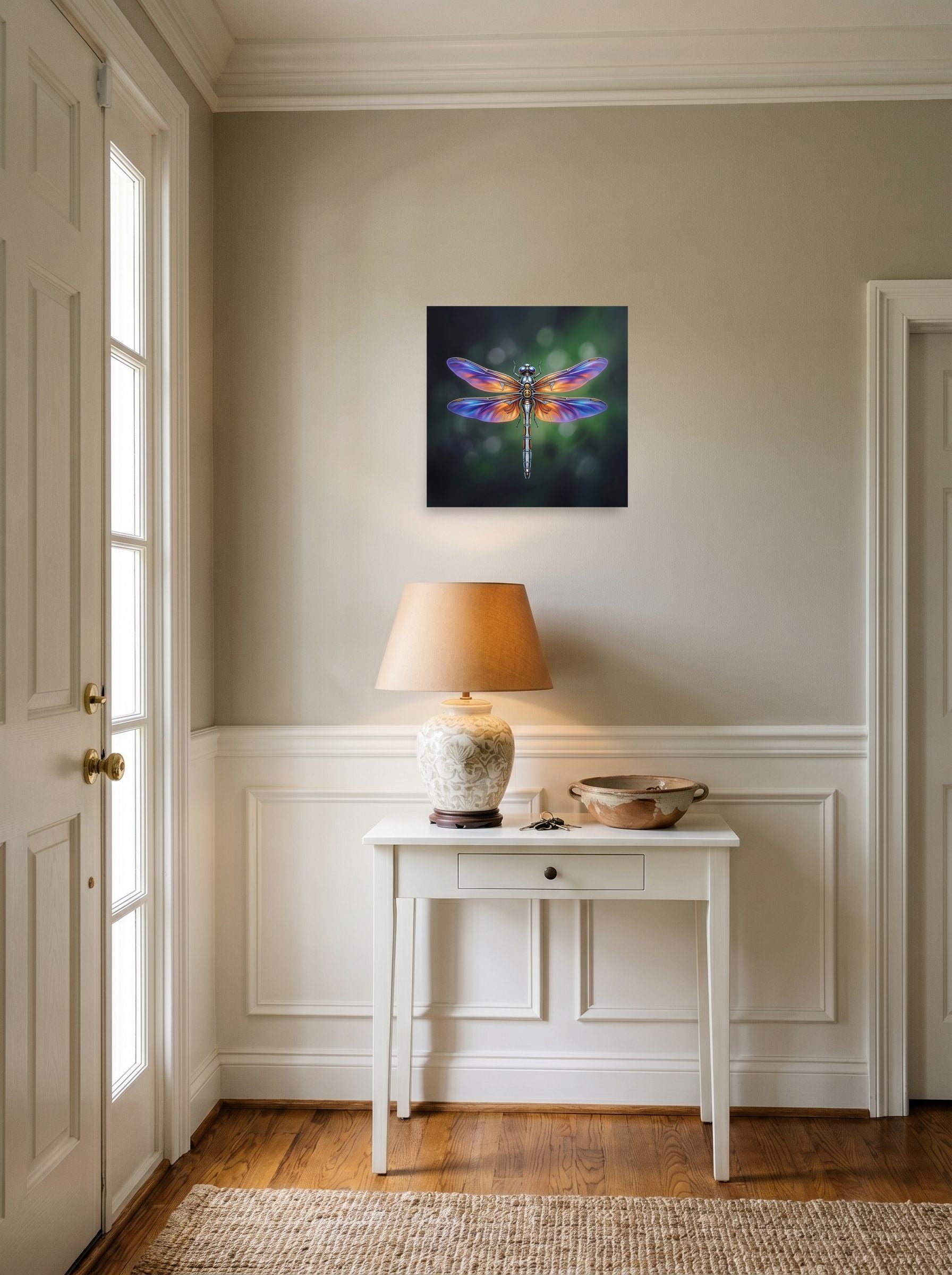 A 16x16 inch unframed paper Surrealism print of 'Gears of the Dragonfly' hanging in an entryway near a console.