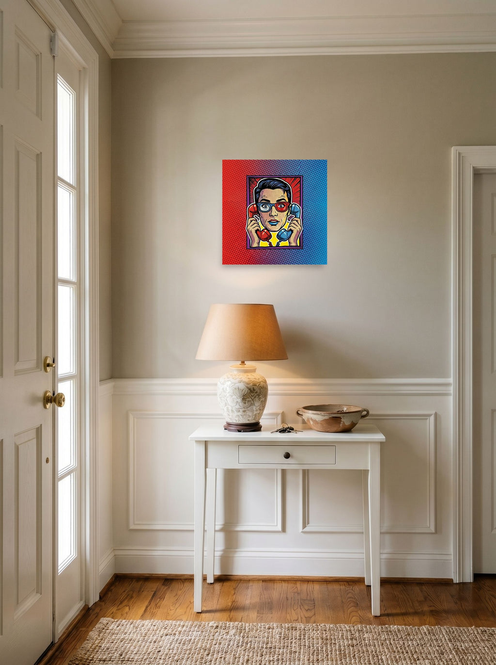 A 16x16 inch unframed paper Pop art print of 'Bipartisan Static' hanging in an entryway near a console.