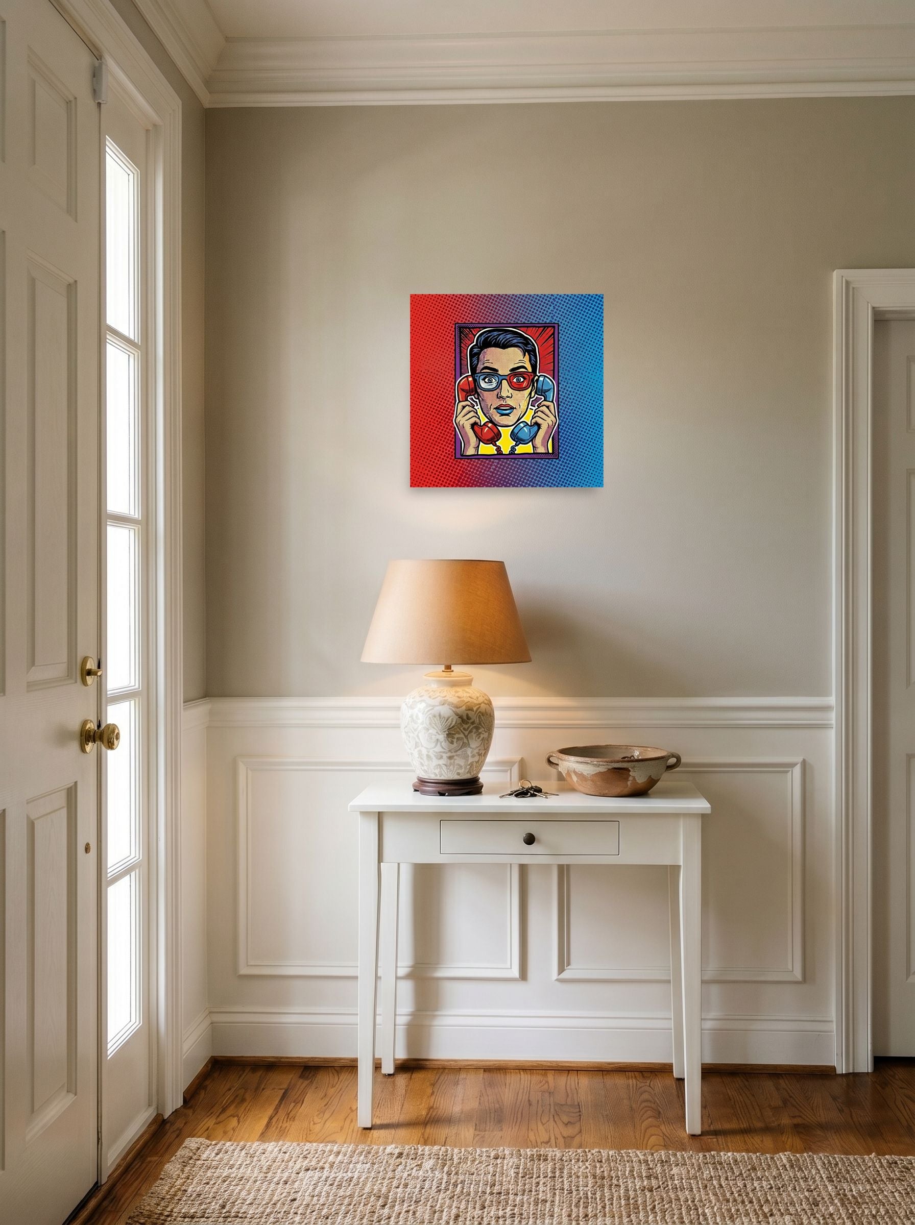 A 16x16 inch unframed paper Pop art print of 'Bipartisan Static' hanging in an entryway near a console.