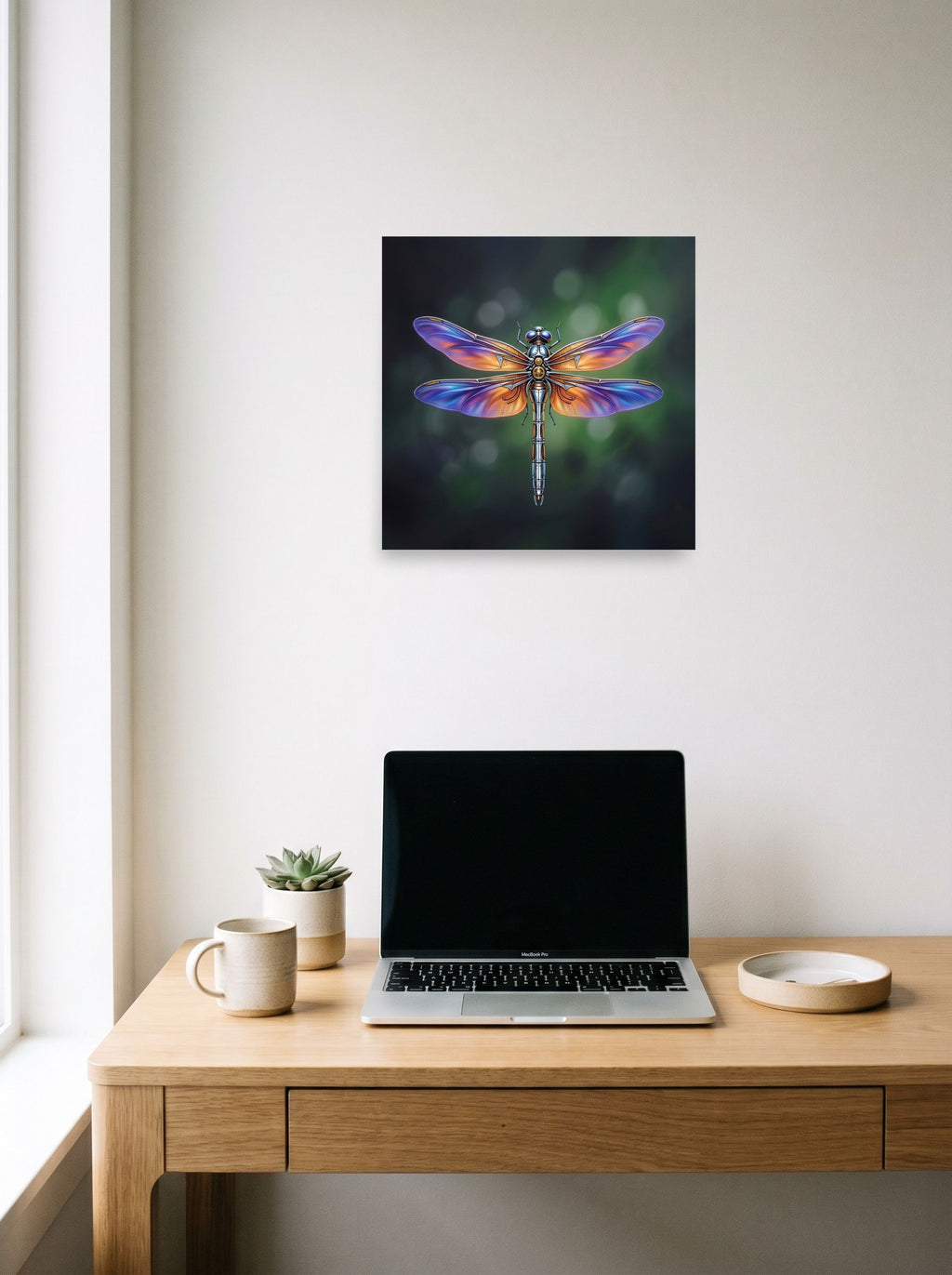 A 16x16 inch unframed paper Surrealism print of 'Gears of the Dragonfly' hanging above a worktable with a laptop.