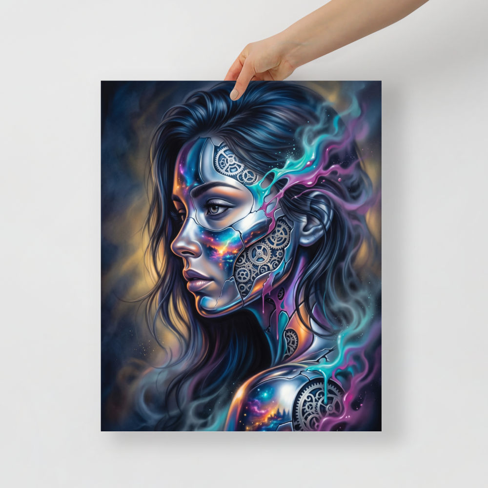 'Cosmic Clockwork' — a Surrealism print. A surreal cyberpunk portrait of a woman with gears and galaxies inside her face for a game room, framed by glowing teal and pink smoke.