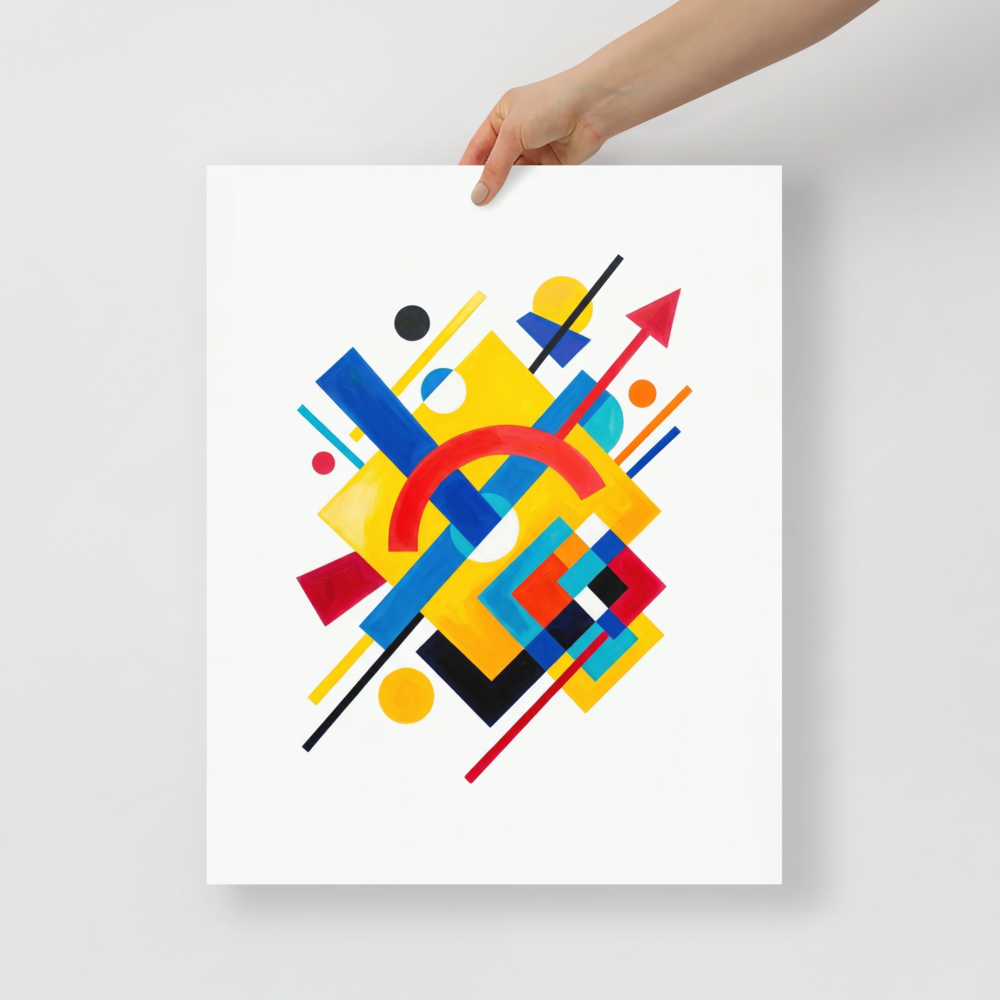 'Directional Energy' — a Suprematism print. A vivid abstract painting featuring overlapping geometric shapes like rectangles, circles, and an arrow in primary colors, a bold addition to a Living Room.