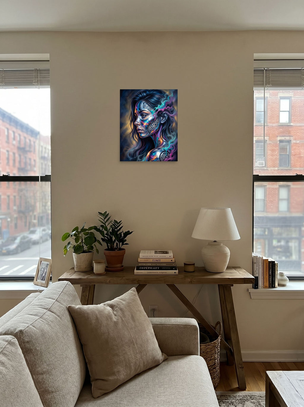 A 16x20 inch unframed paper Surrealism print of 'Cosmic Clockwork' displayed in the center of a living room.