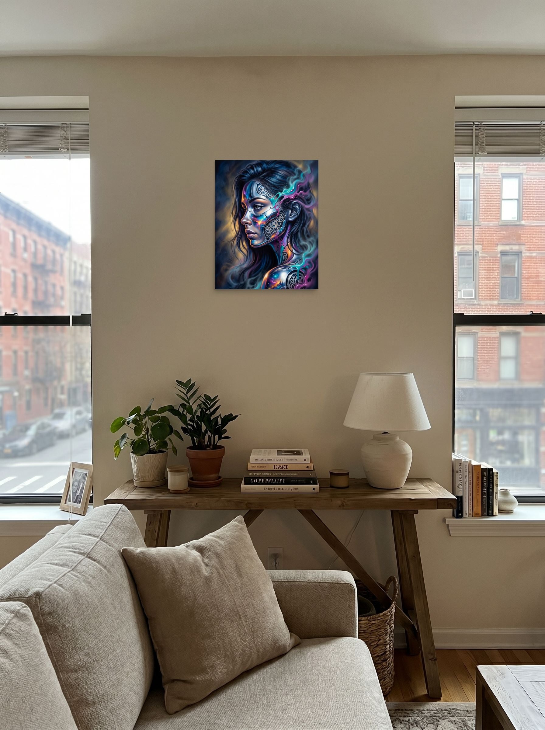 A 16x20 inch unframed paper Surrealism print of 'Cosmic Clockwork' displayed in the center of a living room.