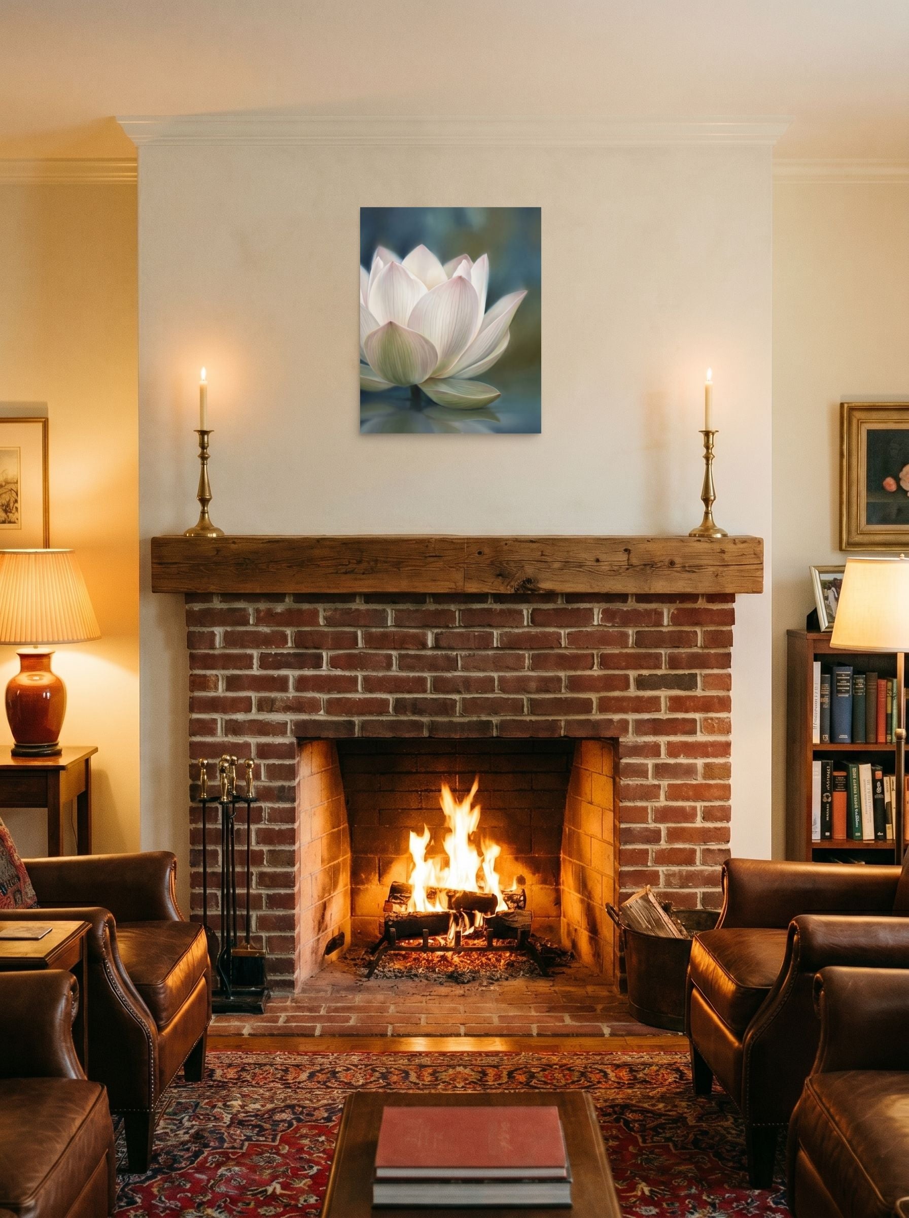 A 16x20 inch unframed paper Realism print of 'Serene Lotus Reflection' displayed above a fireplace.