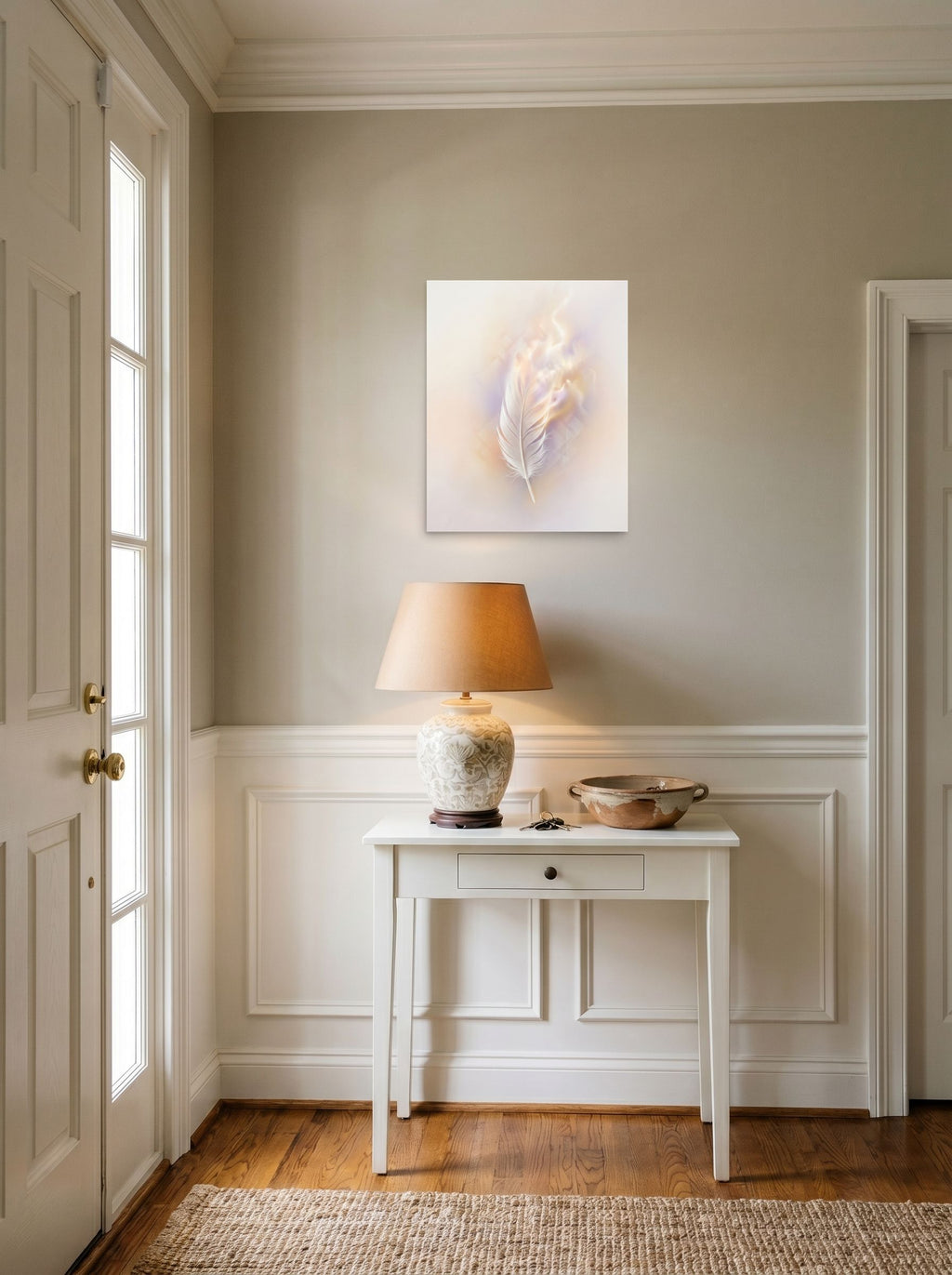 A 16x20 inch unframed paper Abstract art print of 'Ethereal Plume' hanging in an entryway near a console.