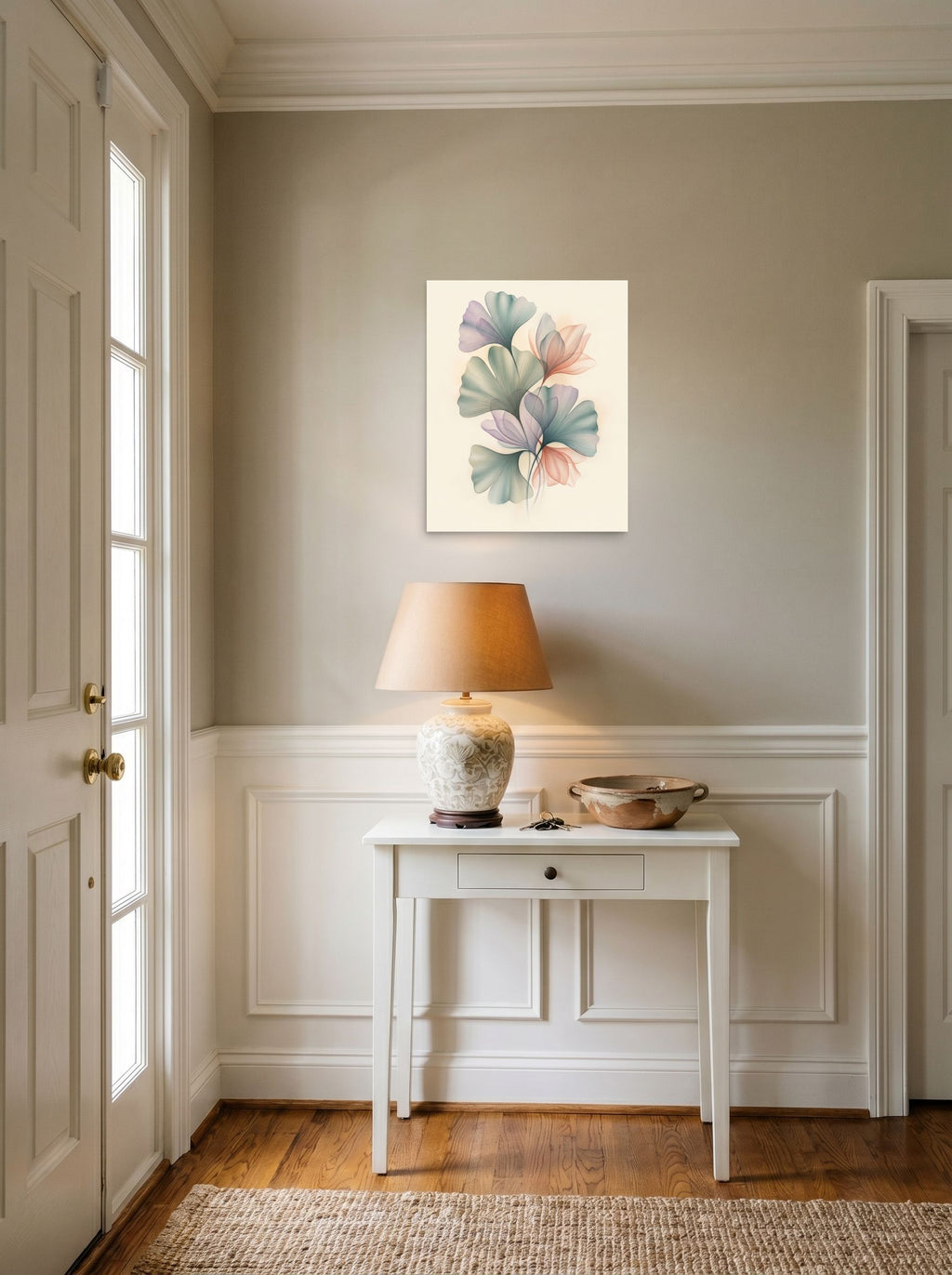 A 16x20 inch unframed paper Abstract art print of 'Ethereal Ginkgo Whispers' hanging in an entryway near a console.