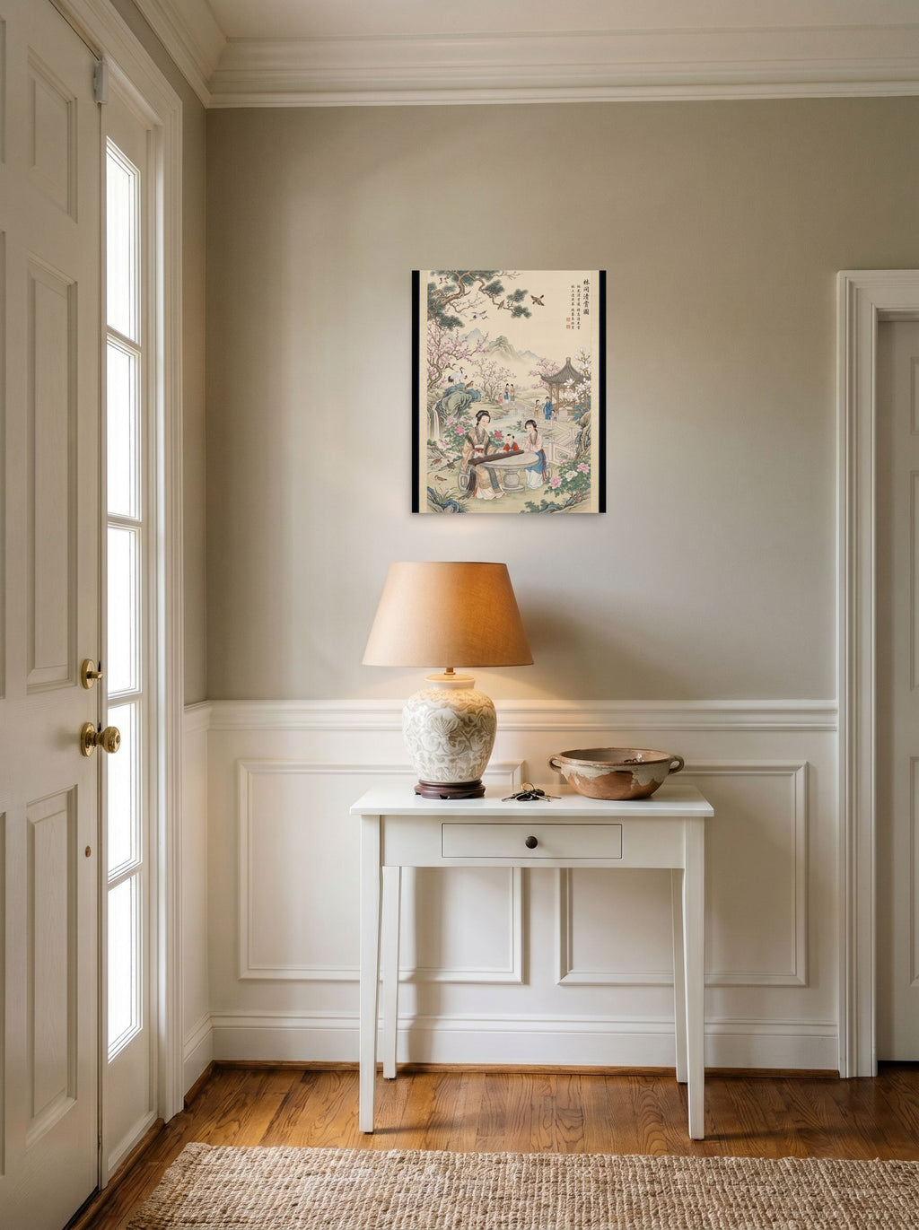 A 16x20 inch unframed paper Fine Art print of 'Melody in the Spring Garden' hanging in an entryway near a console.