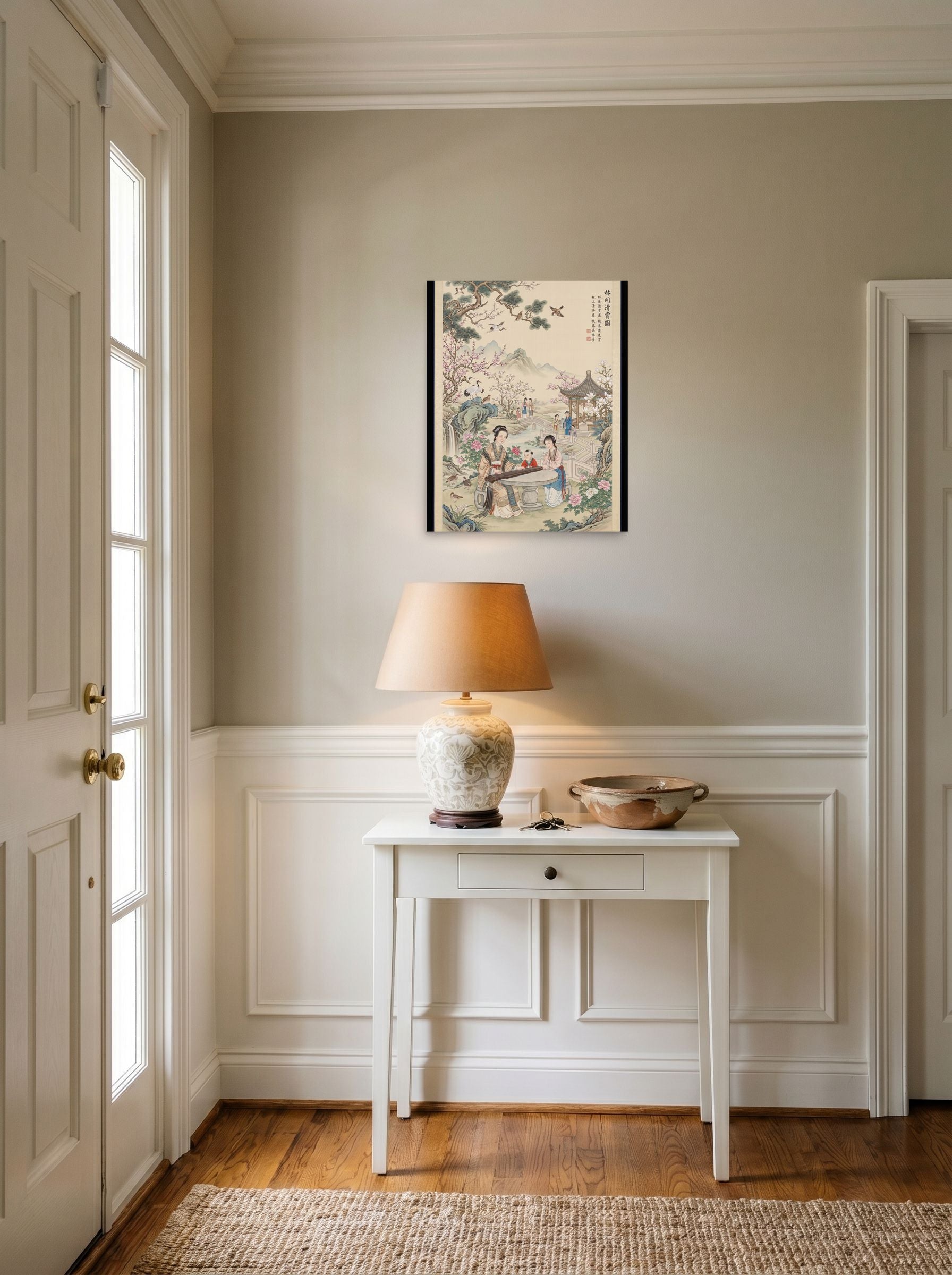 A 16x20 inch unframed paper Fine Art print of 'Melody in the Spring Garden' hanging in an entryway near a console.