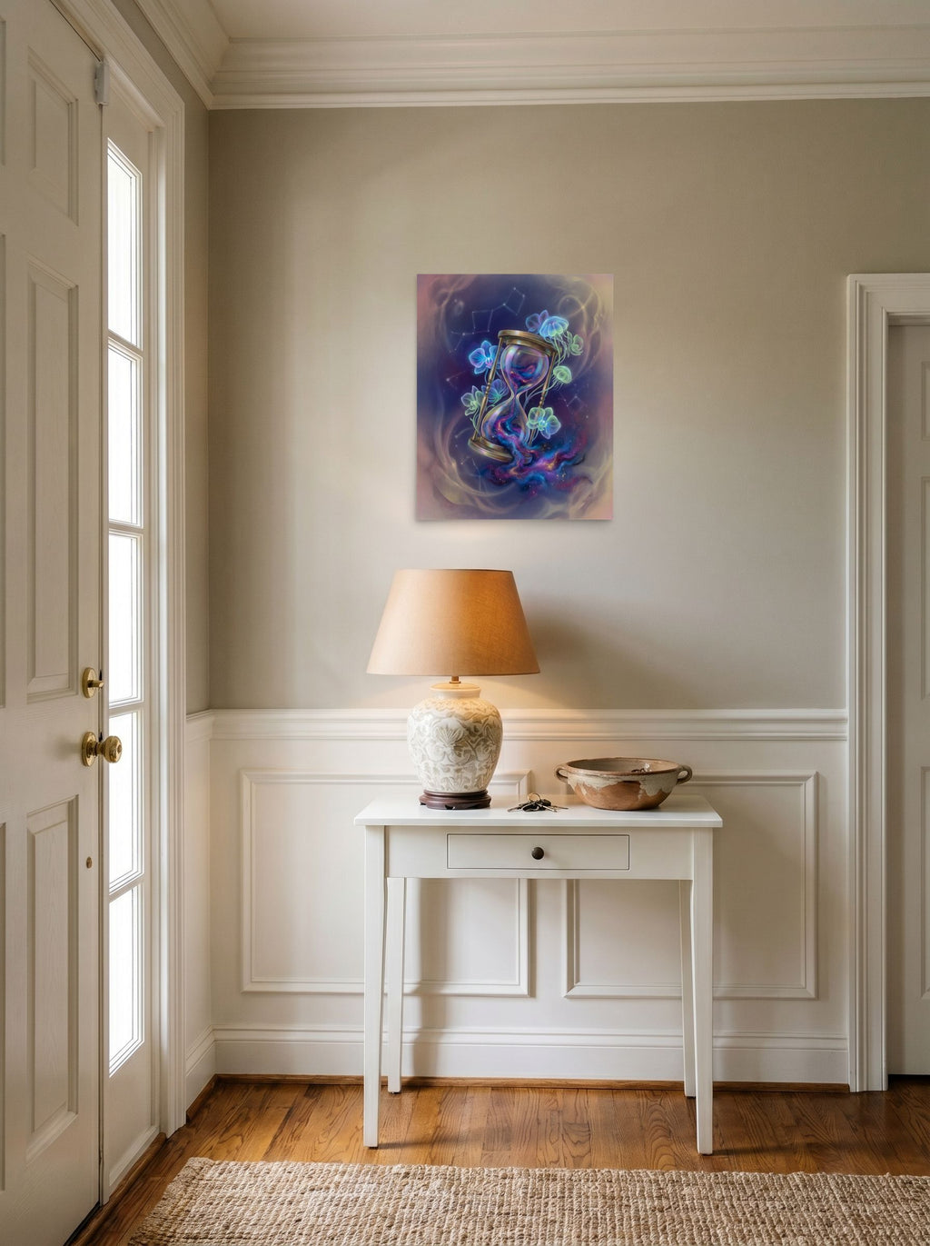 A 16x20 inch unframed paper Magic realism print of 'Sands of the Nebula' hanging in an entryway near a console.