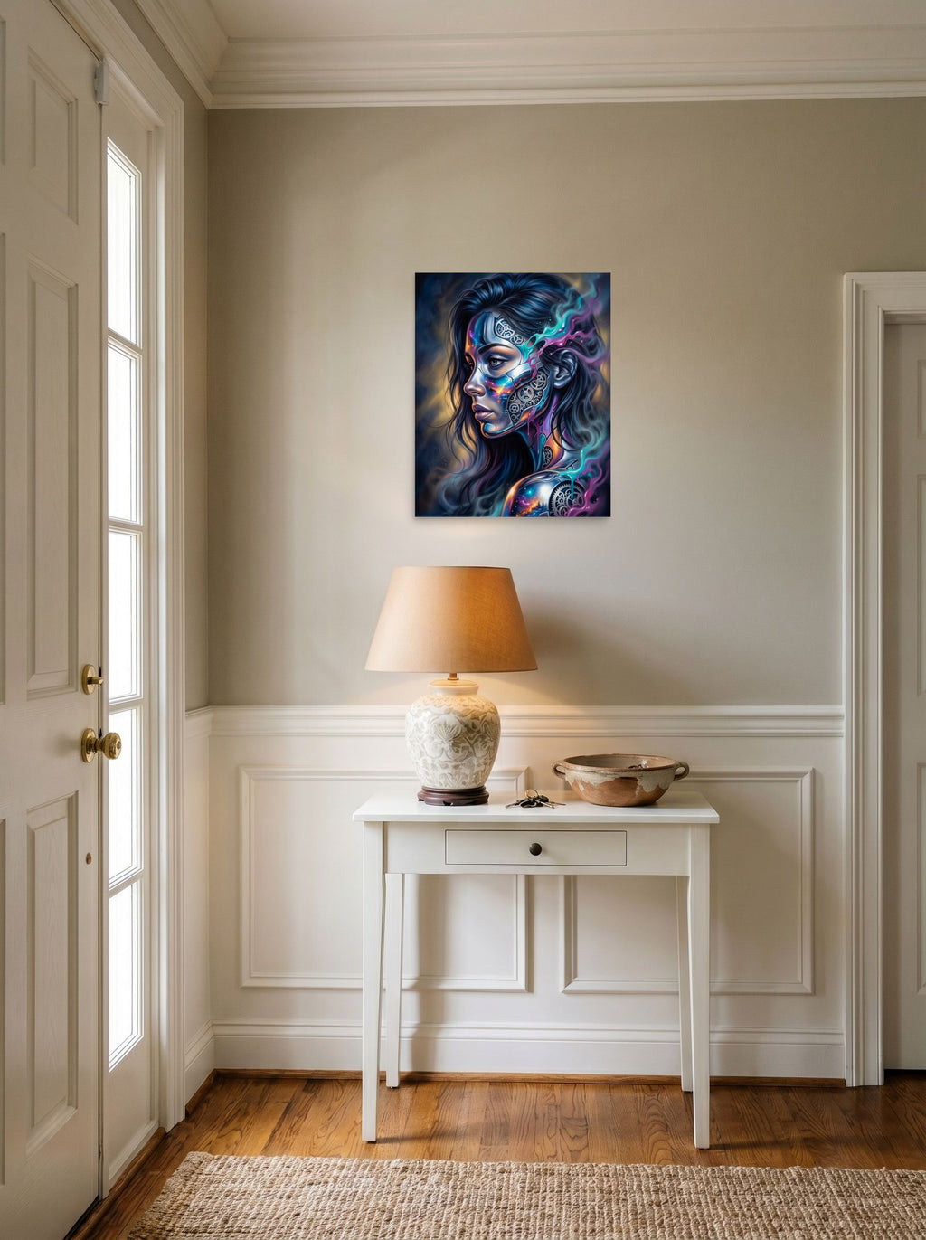 A 16x20 inch unframed paper Surrealism print of 'Cosmic Clockwork' hanging in an entryway near a console.