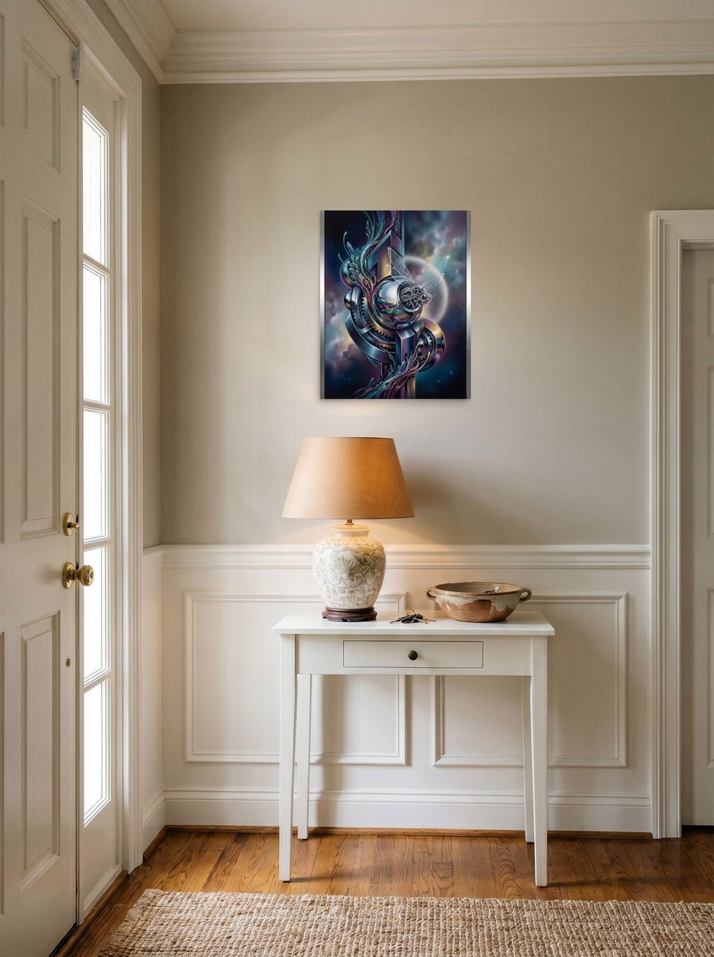 A 16x20 inch unframed paper Surrealism print of 'The Clockwork Aviator' hanging in an entryway near a console.