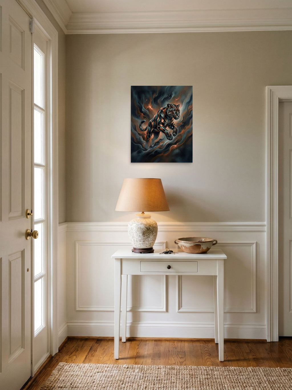 A 16x20 inch unframed paper Digital art print of 'Phantom Leap' hanging in an entryway near a console.
