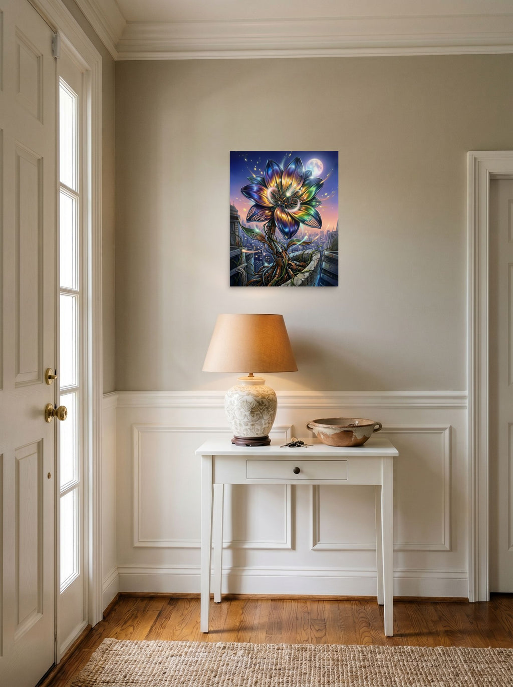 A 16x20 inch unframed paper Digital art print of 'Cybernetic Bloom' hanging in an entryway near a console.