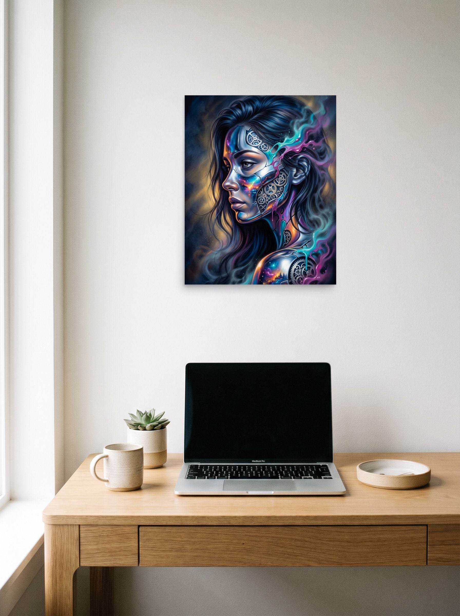 A 16x20 inch unframed paper Surrealism print of 'Cosmic Clockwork' hanging above a worktable with a laptop.